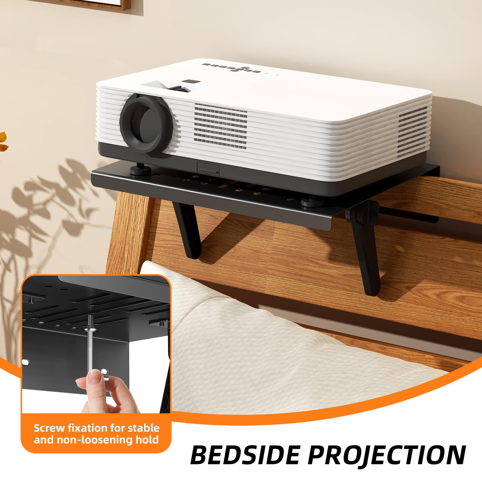 Soporte de proyector sin taladrar, estante plegable para sofá y mesita de noche | Ángulo ajustable, diseño perforado para disipación de calor, soporte de pared para proyector para sala de estar (30 x 24 cm)