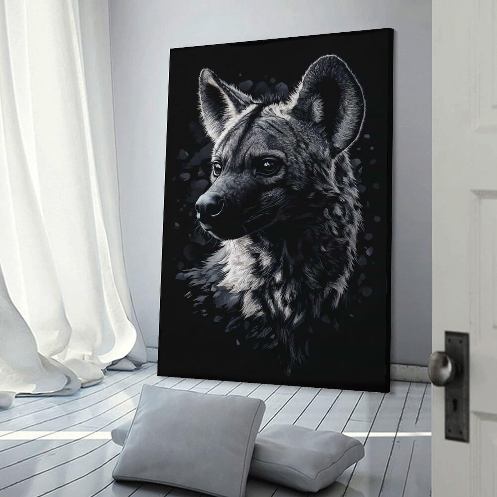 Junmoney Canvas Wall Decor Hyena Portrait in Black And White, 16x24inch(40x60cm), for Bedroom Decor, Cosy Corners Or Studios, Decorative Wall Art for Cosy Rooms