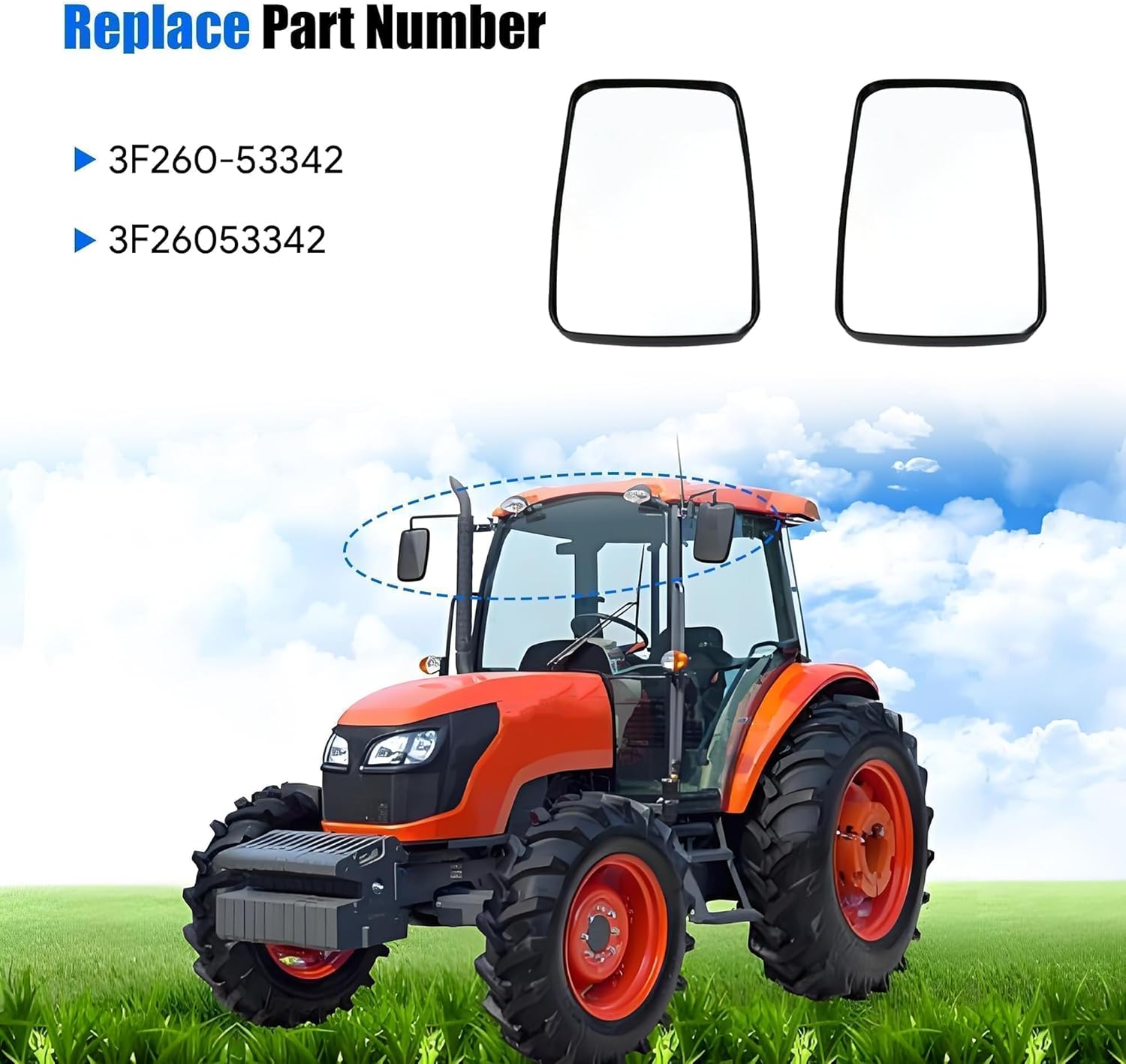 3F260-53342 2PCS Rear View Mirror Fit for Kubota Tractor M7060 L4240HSTC L5740HSTC M100XDC M110XDC B2650 L3240 LX2610 M-1100 Wide Angle Curved Mirror#3F26053342