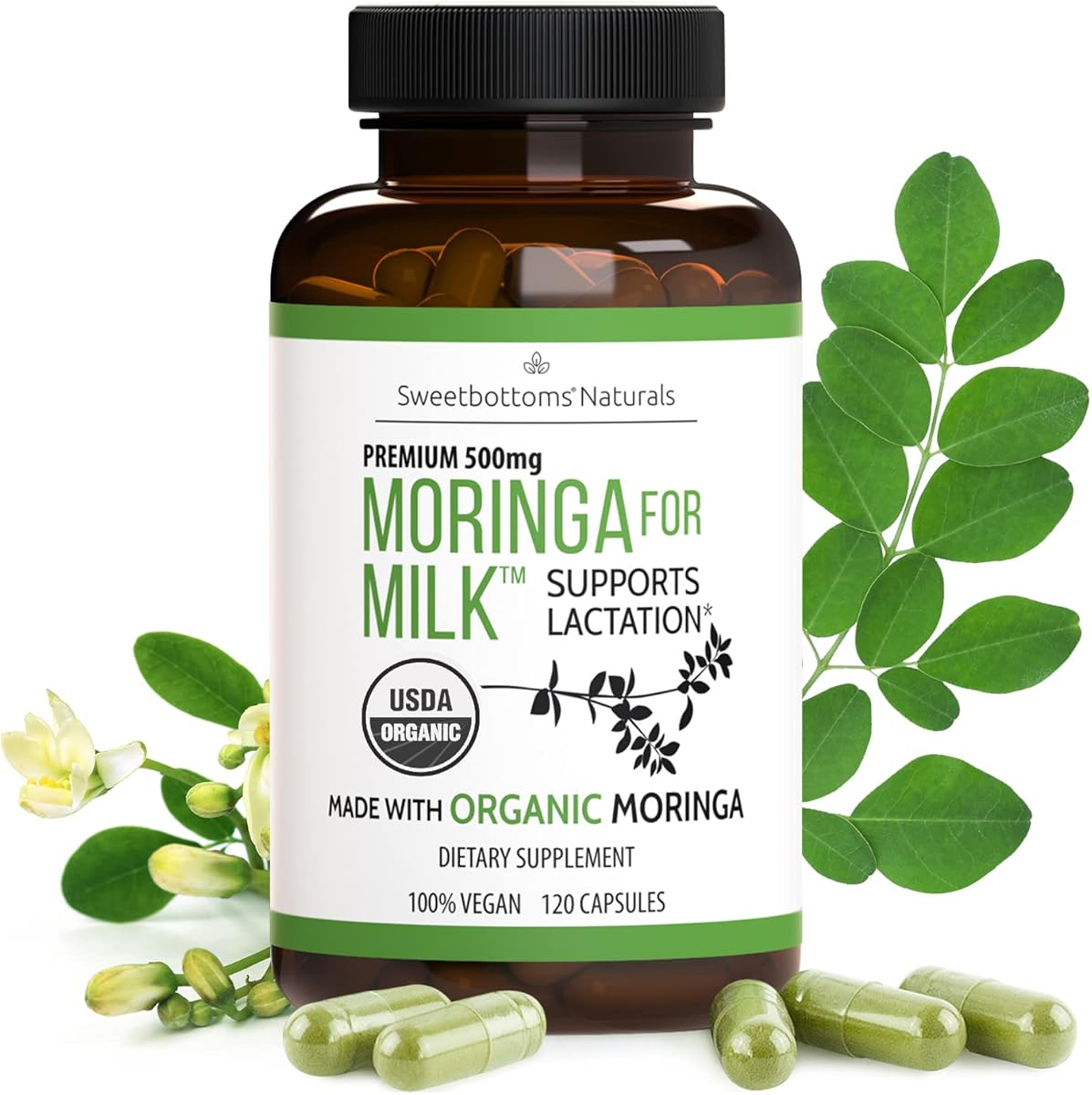 Lactation Supplement - Organic Moringa Capsules for Breastfeeding Support to Increase Breastmilk Supply (120 ct) Pure Malunggay Leaf Powder for Milk Production Booster & Postnatal Vitamins A E K 500mg