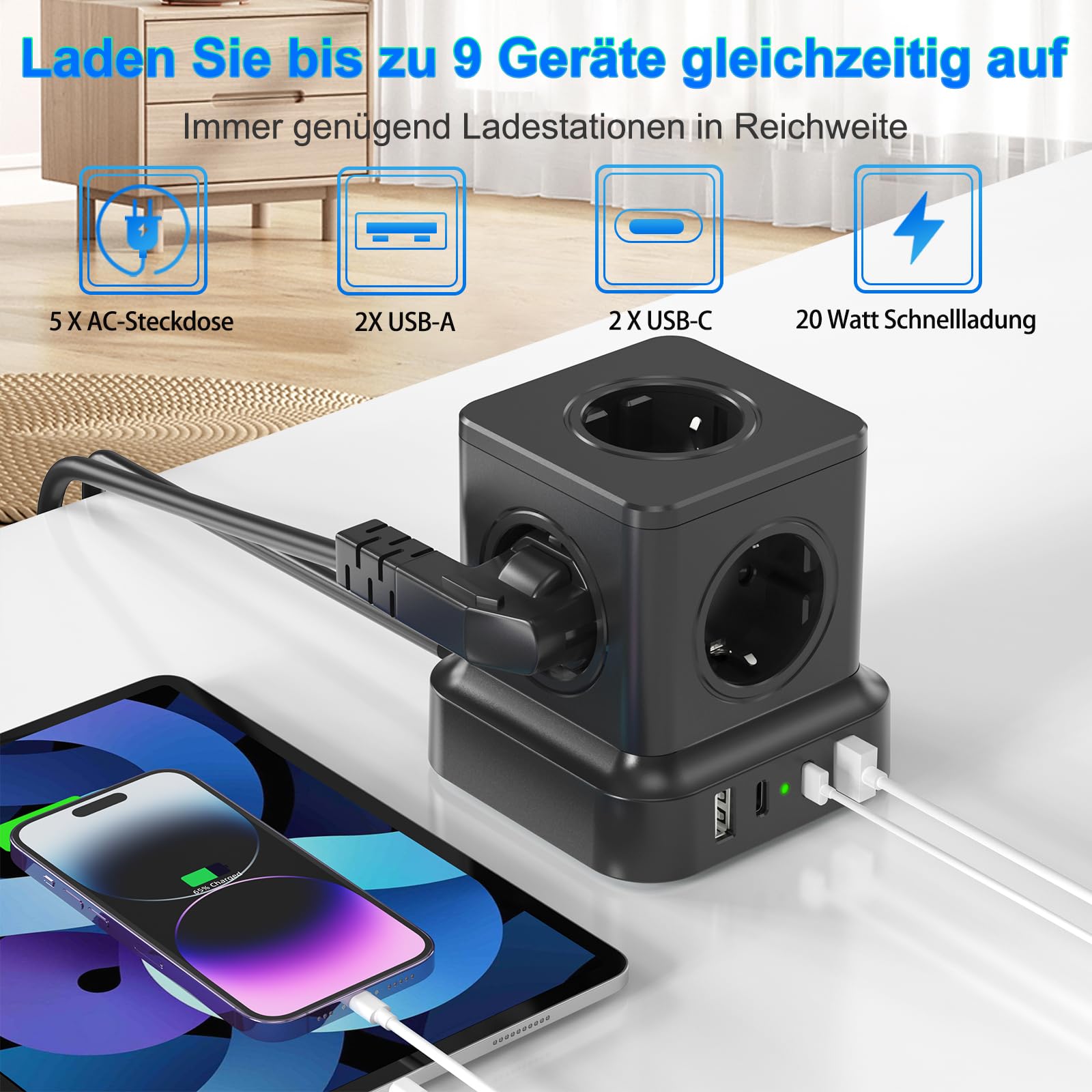 Kostka z 4 gniazdami USB, 5-krotna z pojedynczym przełącznikiem, przedłużacz 1,8 m, ochrona przed przepięciem, do biura, domu, w podróży, kolor czarny