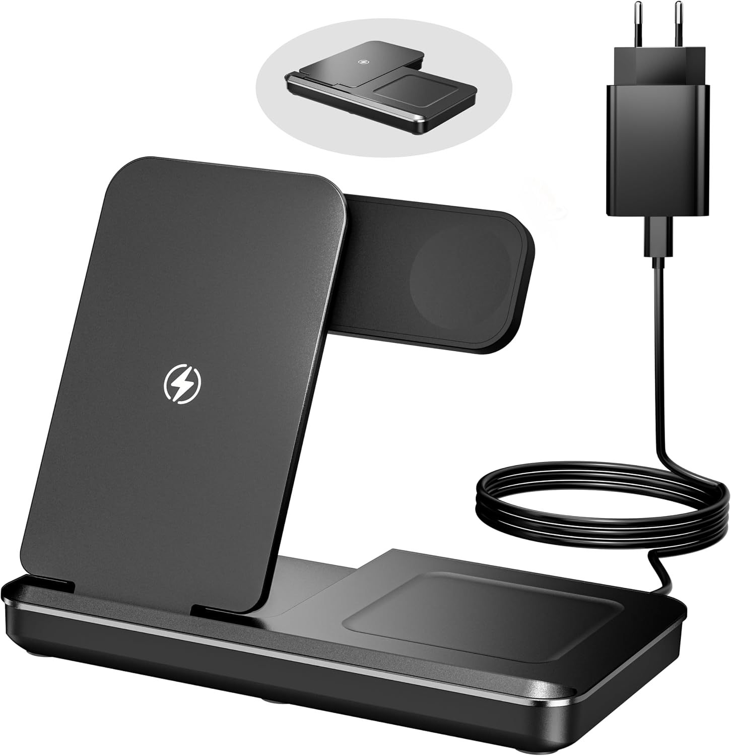 3 In 1 Ladestation für Apple Watch und iPhone, Faltbar 15W | 3-in-1 klappbare Ladestation für iPhone, Watch & AirPods. 15W kabellos, kompakt, sicher & verstellbar