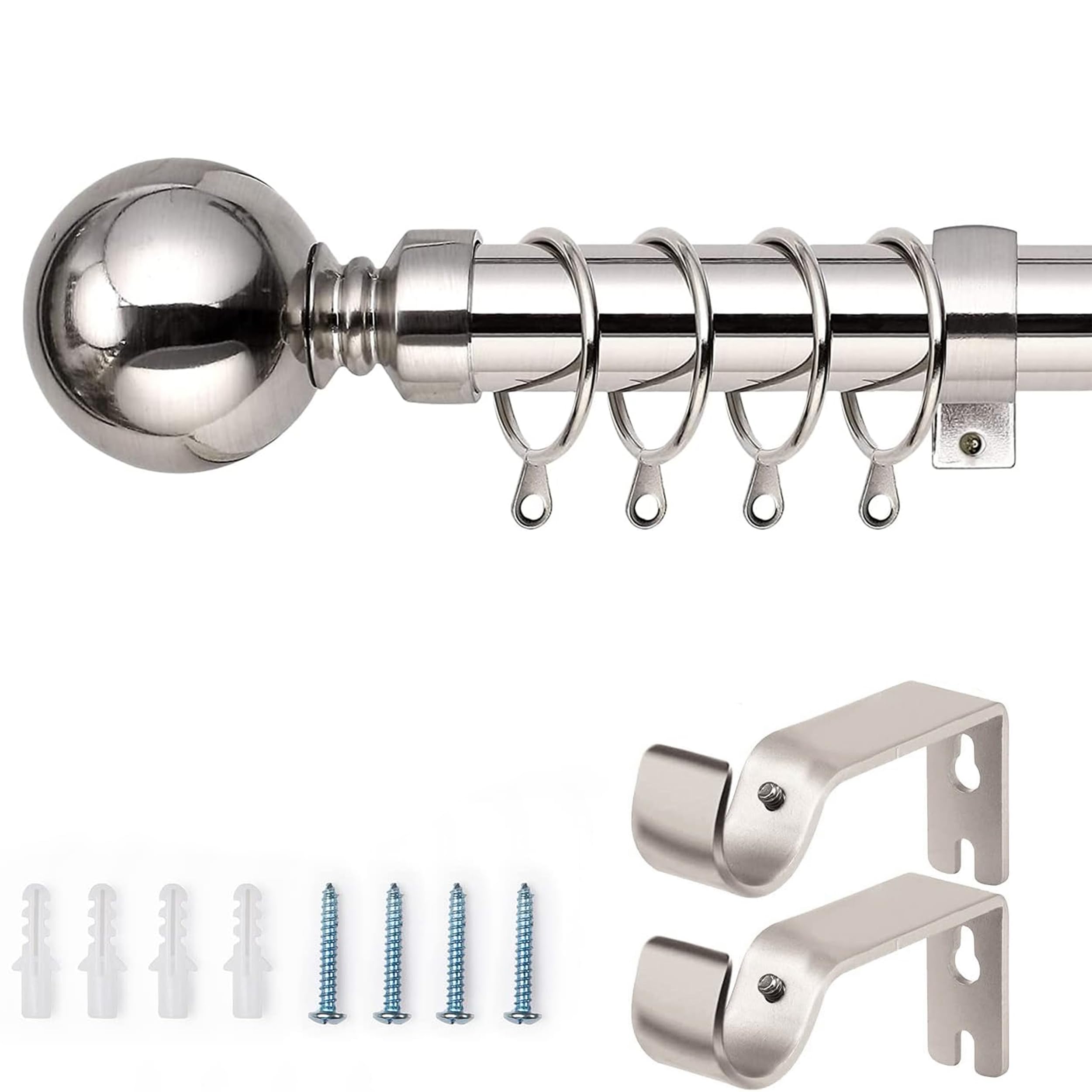 Ameha Brushed Silver Curtain Poles Plain Metal Ball Extendable Curtain Pole Includes Adjustable Curtain Rods, 60 Mm Finials, Rings, Brackets And Fitting Set (70-120Cm, 28 Inch To 48 Inch, )