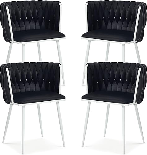 Miniatura 23 de Juego de 2 sillas de comedor de terciopelo, sillas laterales tapizadas tejidas con patas de metal plateado, Sillas de Comedor 2, sillas decorativas