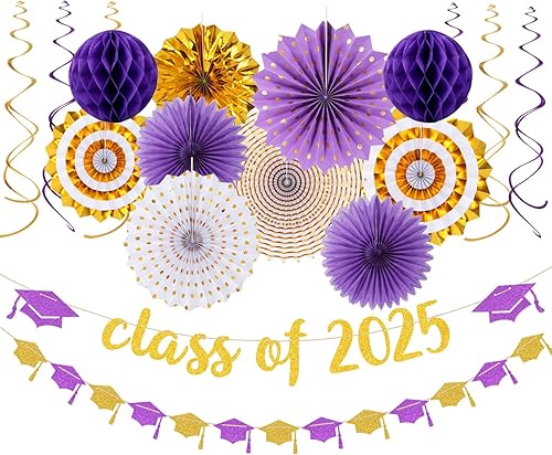 Decoración de fiesta de oro blanco y morado, banderines de graduación 18 piezas de guirnaldas de clase de 2025, abanicos de pompones de papel de