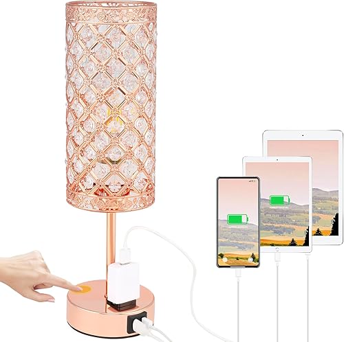 Lámpara de oro rosa, lámpara de mesa de cristal con dos puertos USB-A y CA, luz regulable de 3 vías con pantalla de cristal, lámpara de noche con