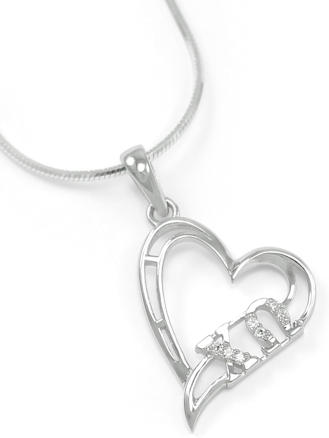 The Collegiate Standard Chi Omega Sorority Sterling Silver Heart Pendant with CZs