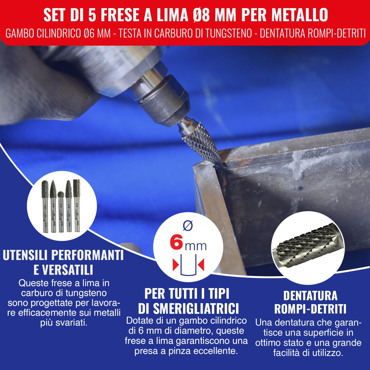 TIVOLY - Set di 5 frese per metallo Ø8 mm - Gambo cilindrico Ø6 mm - Testa in carburo di tungsteno - Sistema di denti rompitruciolo