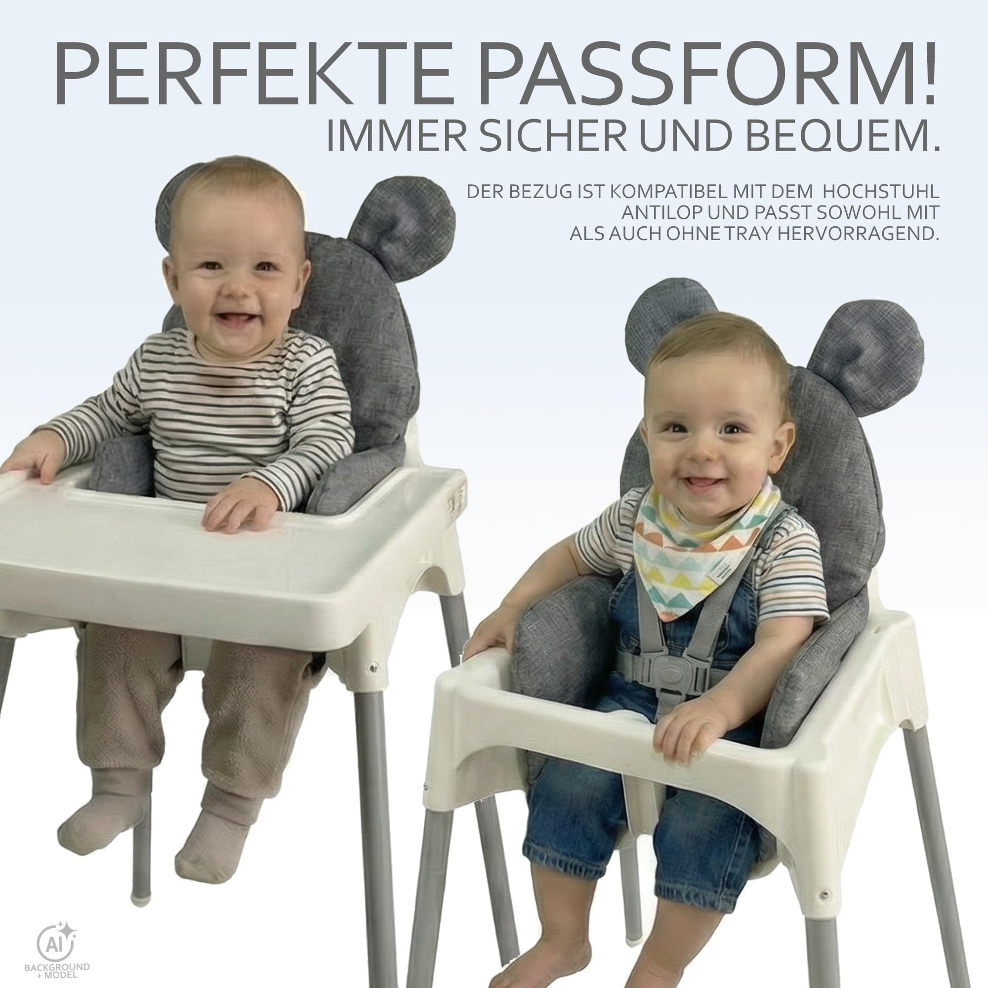 Sitzbezug für Ikea Antilop Hochstuhl, Dunkelgrau meliert Teddy | Sitzverkleinerer, Kissen, extra weich, waschbar, langlebig