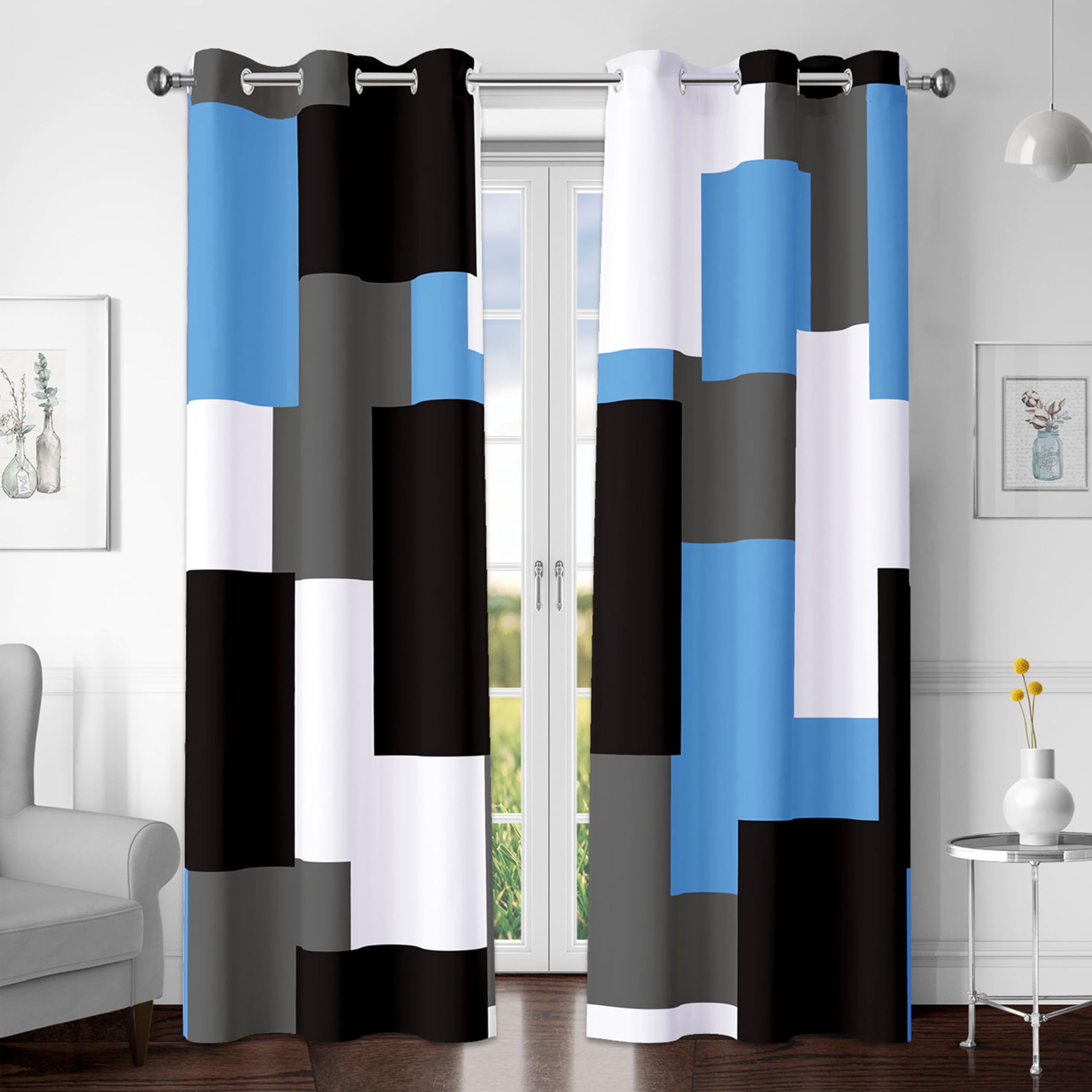 Tyrot Light Blue 100% Blackout Curtains for Bedroom 84 inch Length 2 Panels Set Grey Modern Abstract Geometric Black Out Curtains Insulated Room Darkening Window Drapes for Living Room, 42Wx84L โ image 1