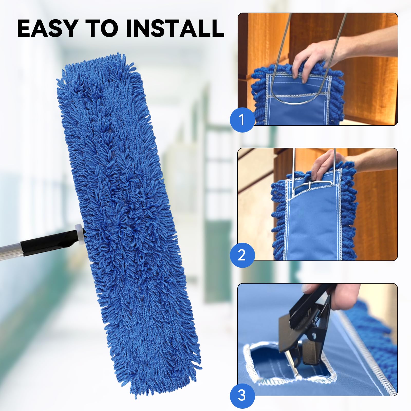 Cabezal de mopa de polvo de 36 pulgadas: cabezal de fregona comercial lavable mediano de repuesto para barredora y limpieza azul (azul - 36 pulgadas, paquete de 6)
