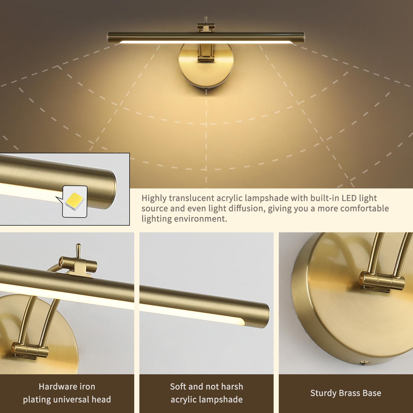 Lampada da parete dimmerabile rigida cablata da 15,75 pollici braccio oscillante regolabile in ottone luci da parete per immagini Display a LED per opere d'arte 7 W bianco caldo
