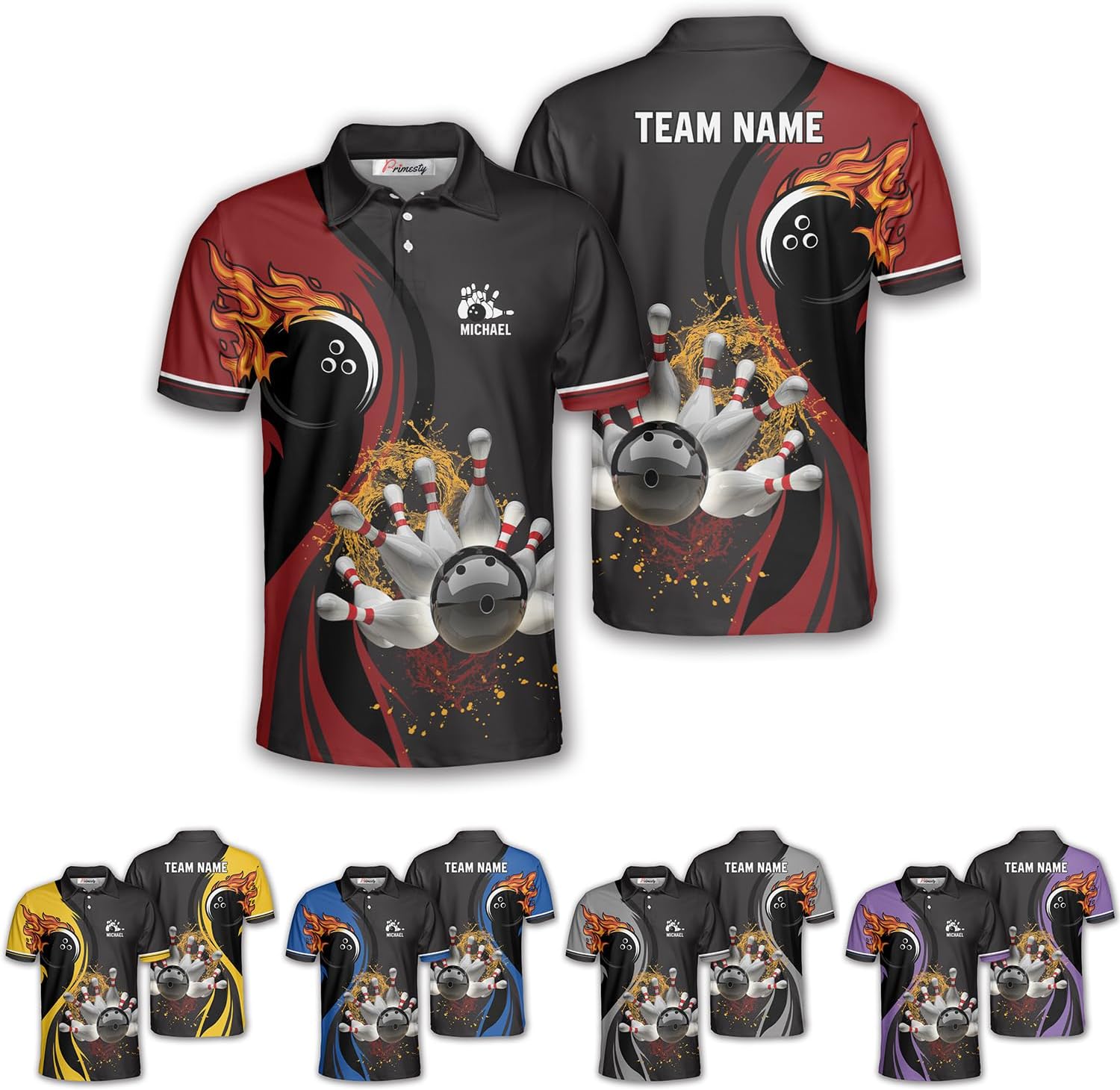 PRIMESTY Personalized Bowling Shirts for Men Custom Name and Team Name Bowling Polo Shirts Bowling Jerseys Size S-5XL