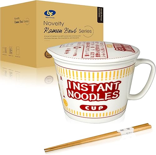 BF BEVYFOG Juego de cuencos para ramen con palillos, cuencos de cerámica grandes de fideos instantáneos de cerámica con tapa, envoltura de regalo,
