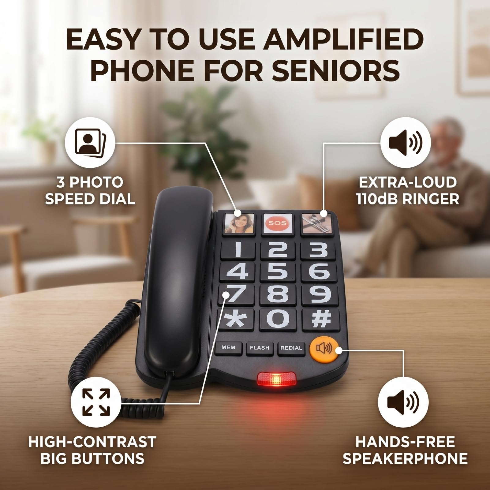 Goshyda Telefoni Fissi per Anziani con Pulsanti Grandi Extra Rumorosi da 110 DB, Telefono Fisso con Filo Amplificato con Composizione Rapida a 3 Foto, Vivavoce e Tasto di Chiamata di (BLACK)