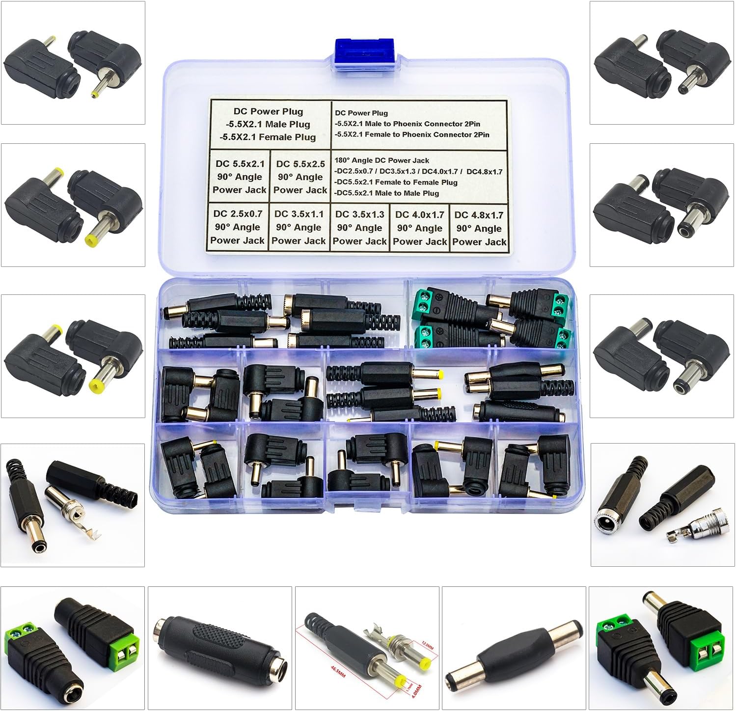DC Power ortment Kit 90 Degree DC Power Supply Jack DC2.5x0.7 DC3.5x1.1 DC3.5x1.3 DC4.0x1.7 DC4.8x1.7 Plugs DC5.5x2.1 Female to Female Male to Male Plug (DC-90-New)