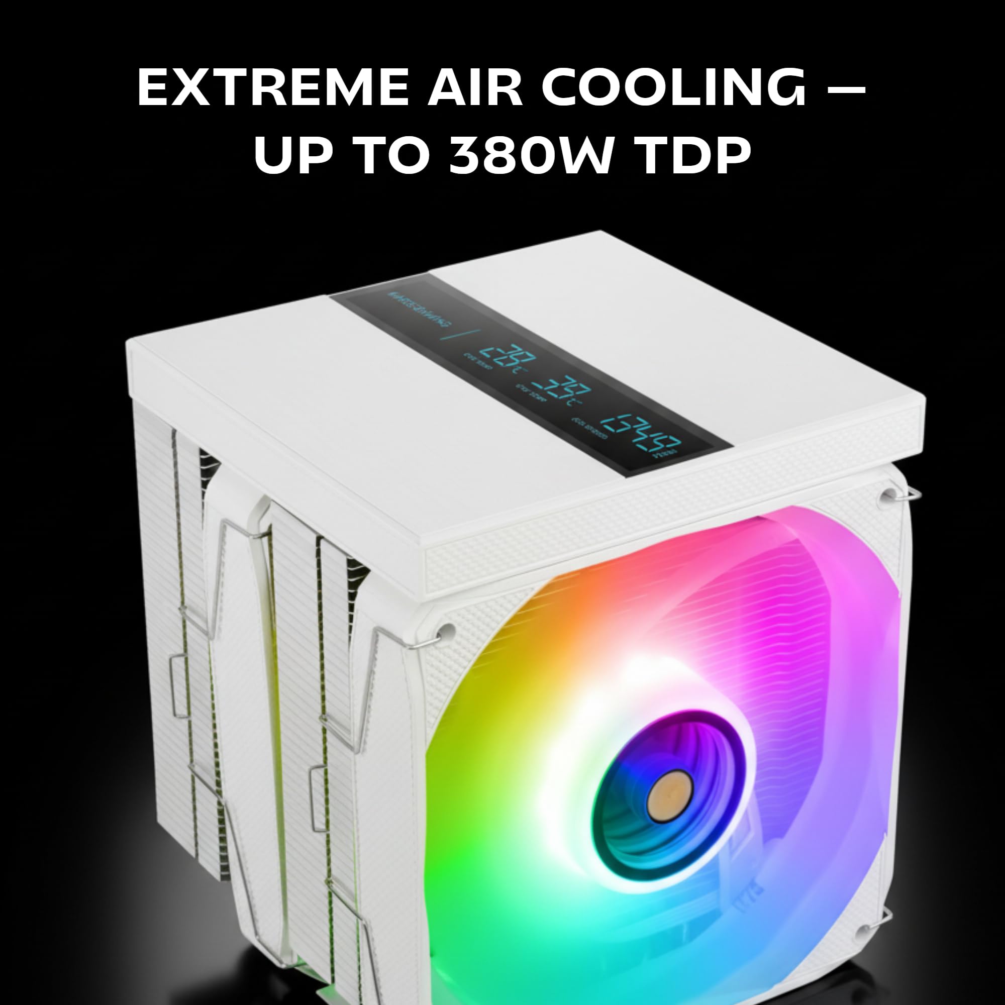 Mars Gaming MCPU-LCDPRO, Podwójny wieżowy radiator CPU 380W TDP, 8x Heatpipes HCT, 2x Wentylatory 120mm PWM FDB, Duży ekran LCD, Oświetlenie ARGB Infinity Mirror, Kompatybilność z Intel i AMD, Biały