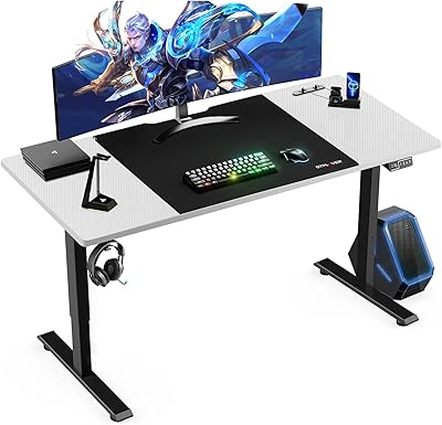 GTPlayer GTS-112-CFWhite Gaming Desk, Computer Desk, PC Desk, Electric Elevating Desk, Silent, Fast, Stable Elevation, Desk Mat Included, Hook Included, Cable Manager, Outlet Included, Load Capacity: