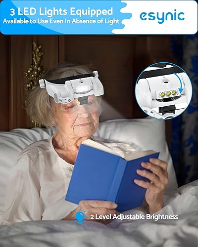 Miniatura 4 de eSynic Lupa de cabeza cómoda con luz USB C recargable 1X-14X aumento 5 lentes acrílicas, diseño de lente doble, diadema ajustable para lectura,