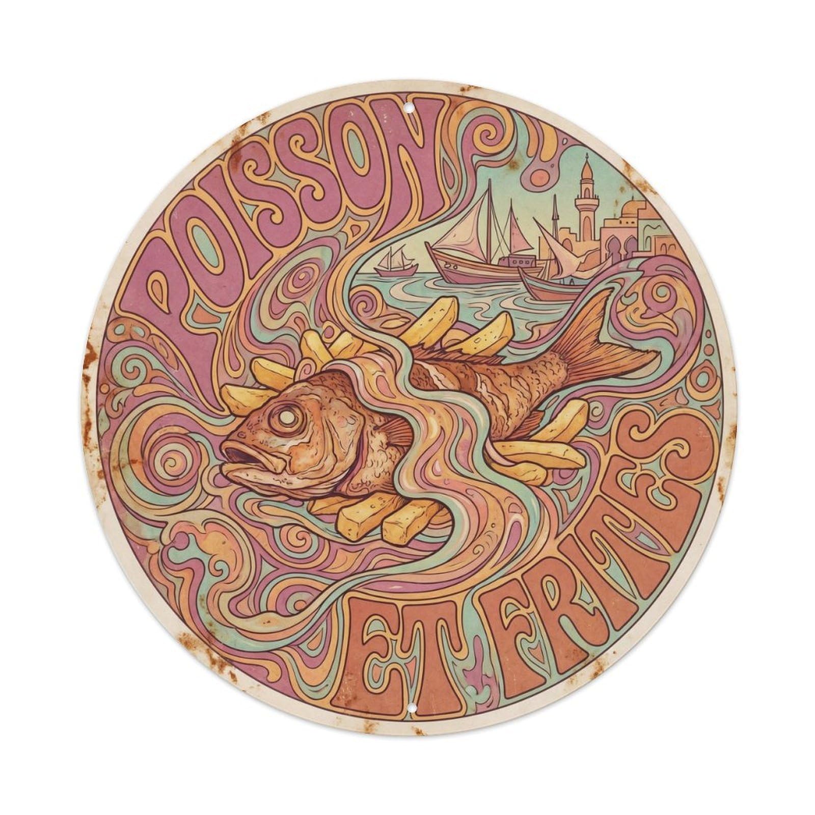 Regional Fried Fish Food Culture Swirl Psychedelic Metal Tin Sign