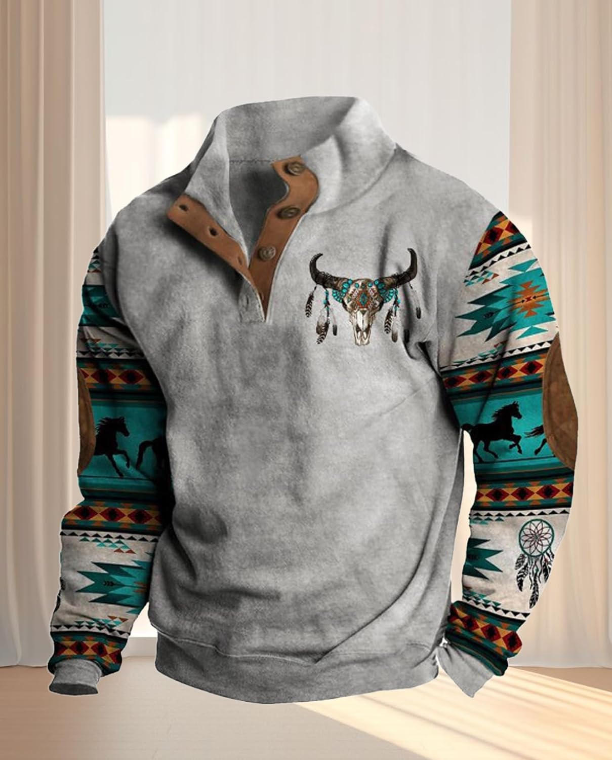 Western Sweatshirts for Men Aztec Ethnic Print Quarter Zip Pullover Fleece Hoodies Casual Stand Collar Sweatshirt - Image 4