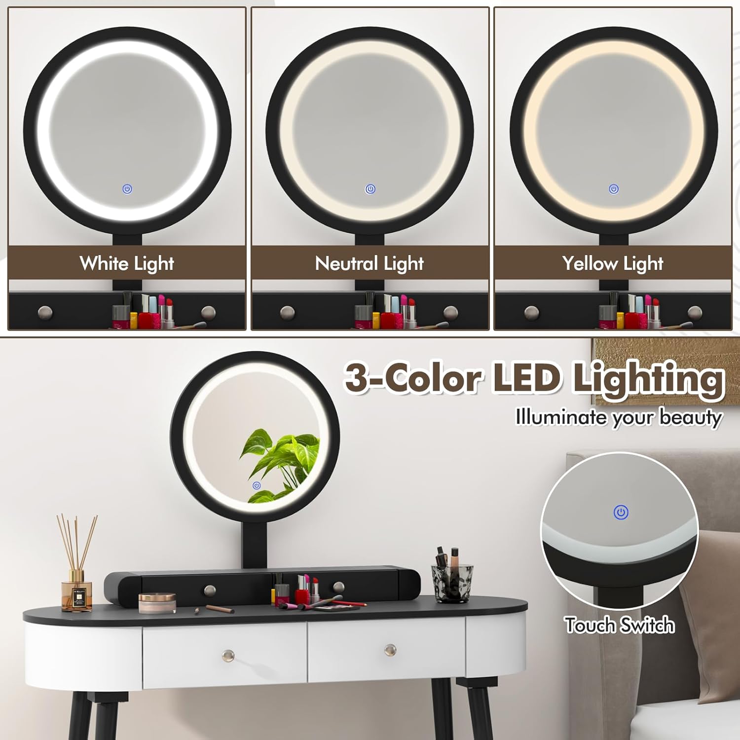 GOFLAME Makeup Vanity Desk Set, Dressing Table Set with LED Lighted Mirror, 3 Adjustable Lighting Modes and Touch Switch, Solid Wood Vanity Table and Cushioned Stool with 4 Drawers, White+Black