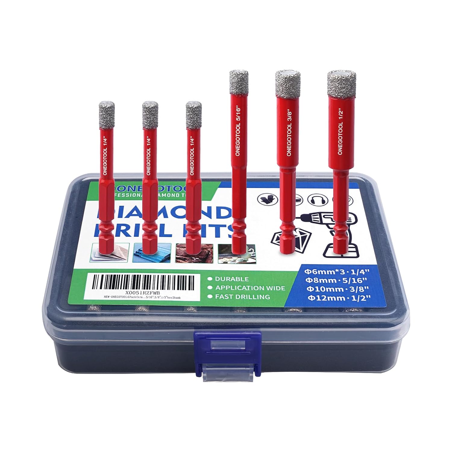 6 Pack Vacuum Brazed Diamond Drill Bits Set, Dry Masonry Core Drill Bit for Ceramic Tile, Porcelain, Glass, Marble, Hex Shank Hole Saw - 1/4", 5/16", 3/8", 1/2"