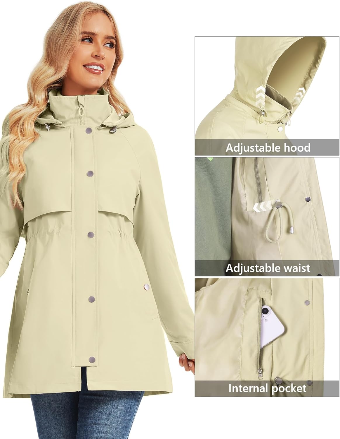 Women's Long Hooded Rain Jacket Waterproof Raincoat Windbreaker with Hood, for Sports Outdoor Camping Hiking