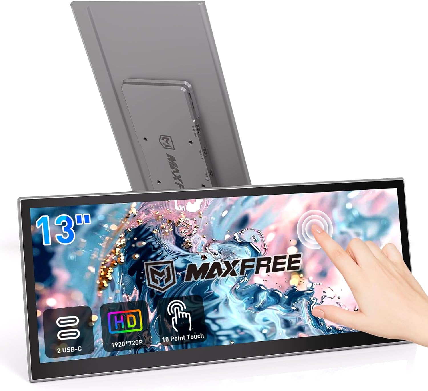 Maxfree L2 13" 1080P Touch Screen Monitor, 10-Point Portable Display with Kickstand and Speaker, Plug and Play