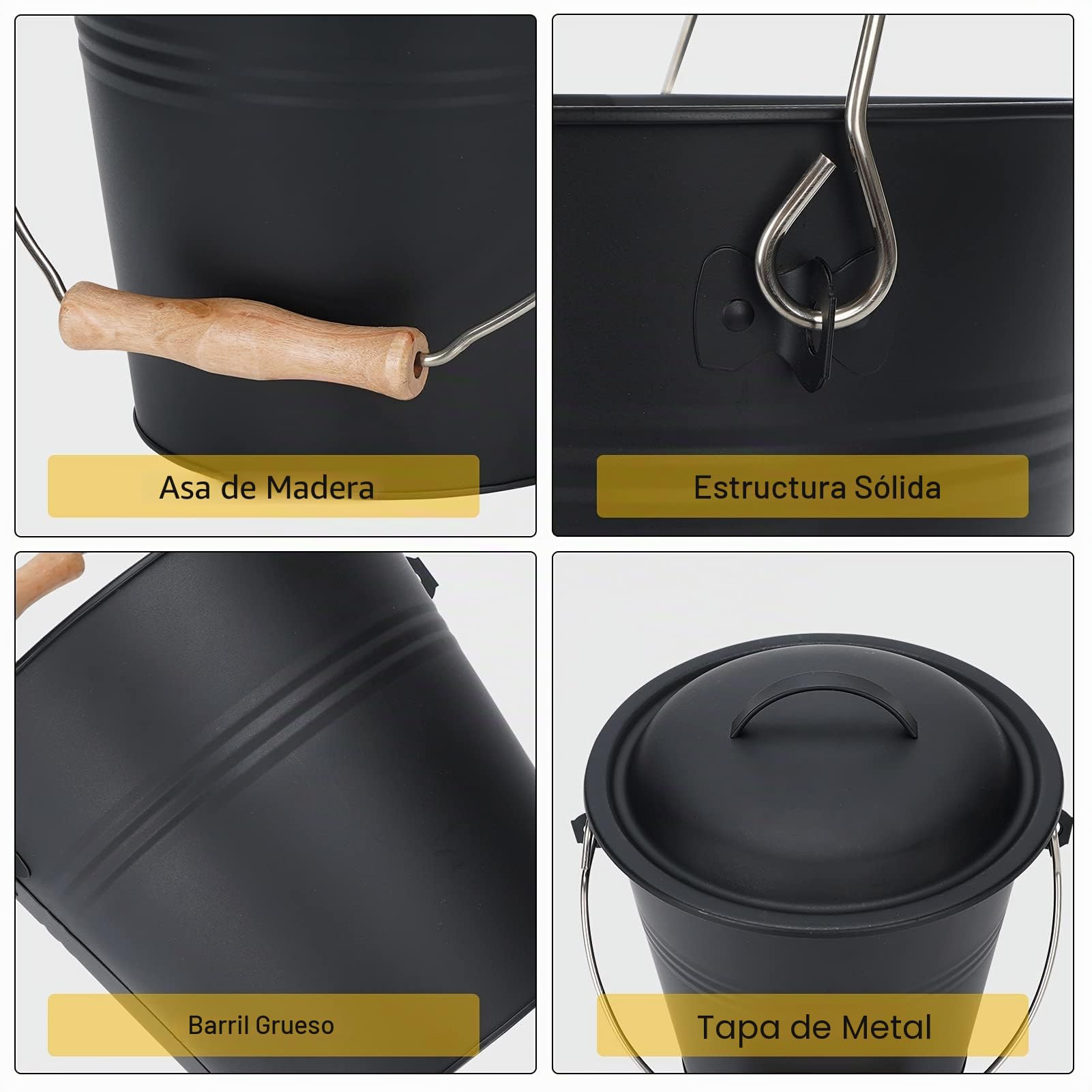 Cubo de cenizas de metal de 1.5 galones con tapa, pala, escoba, para chimeneas, estufas de leña