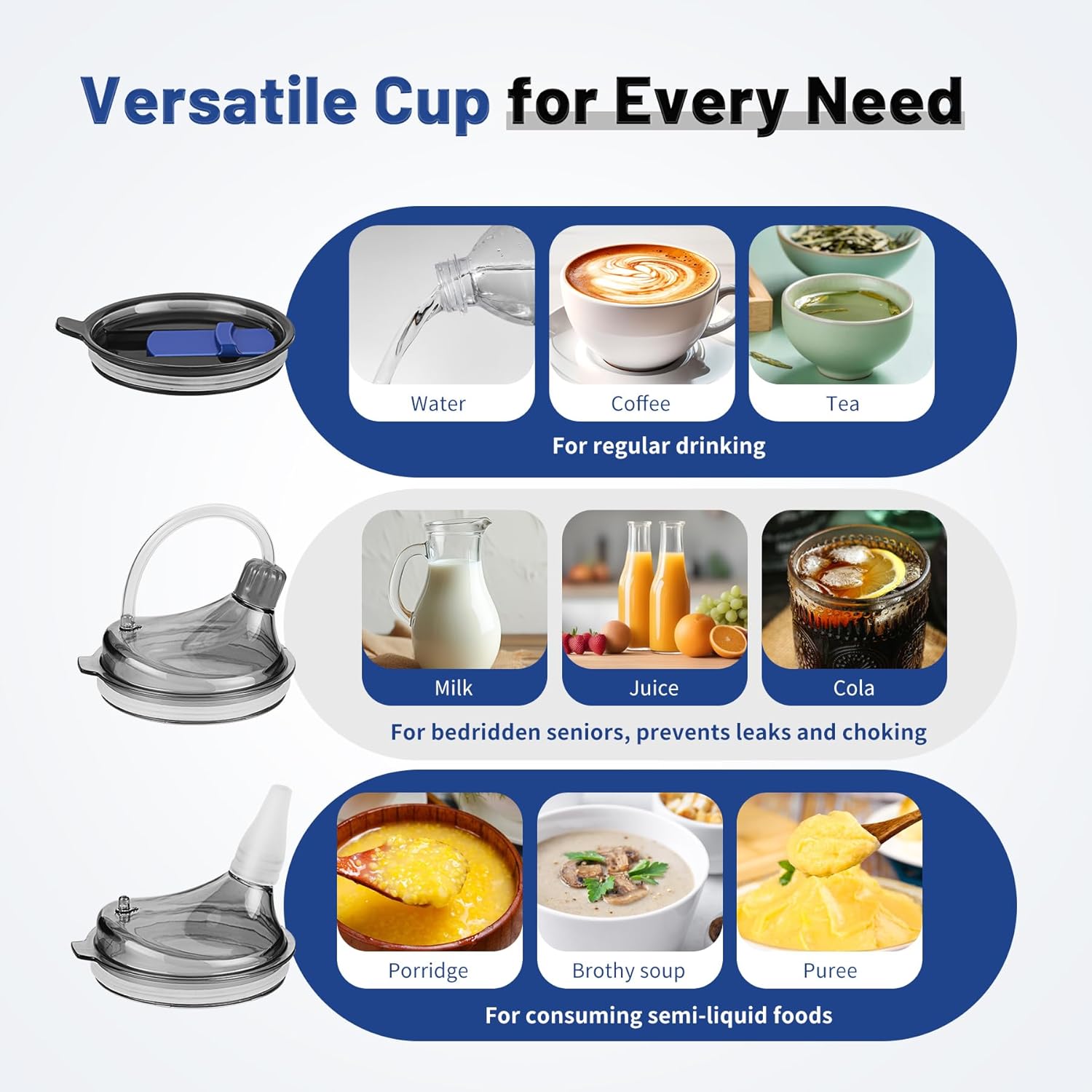 Adult Sippy Cup, 14oz Spill Proof Cup with Straw for Elderly, 3 in 1 Stainless Steel Sippy Cup with 2 Lids, No Spill Feeding Cups for Patient Disabled Maternity Drink Water Milk Soup - Blue - Image 2