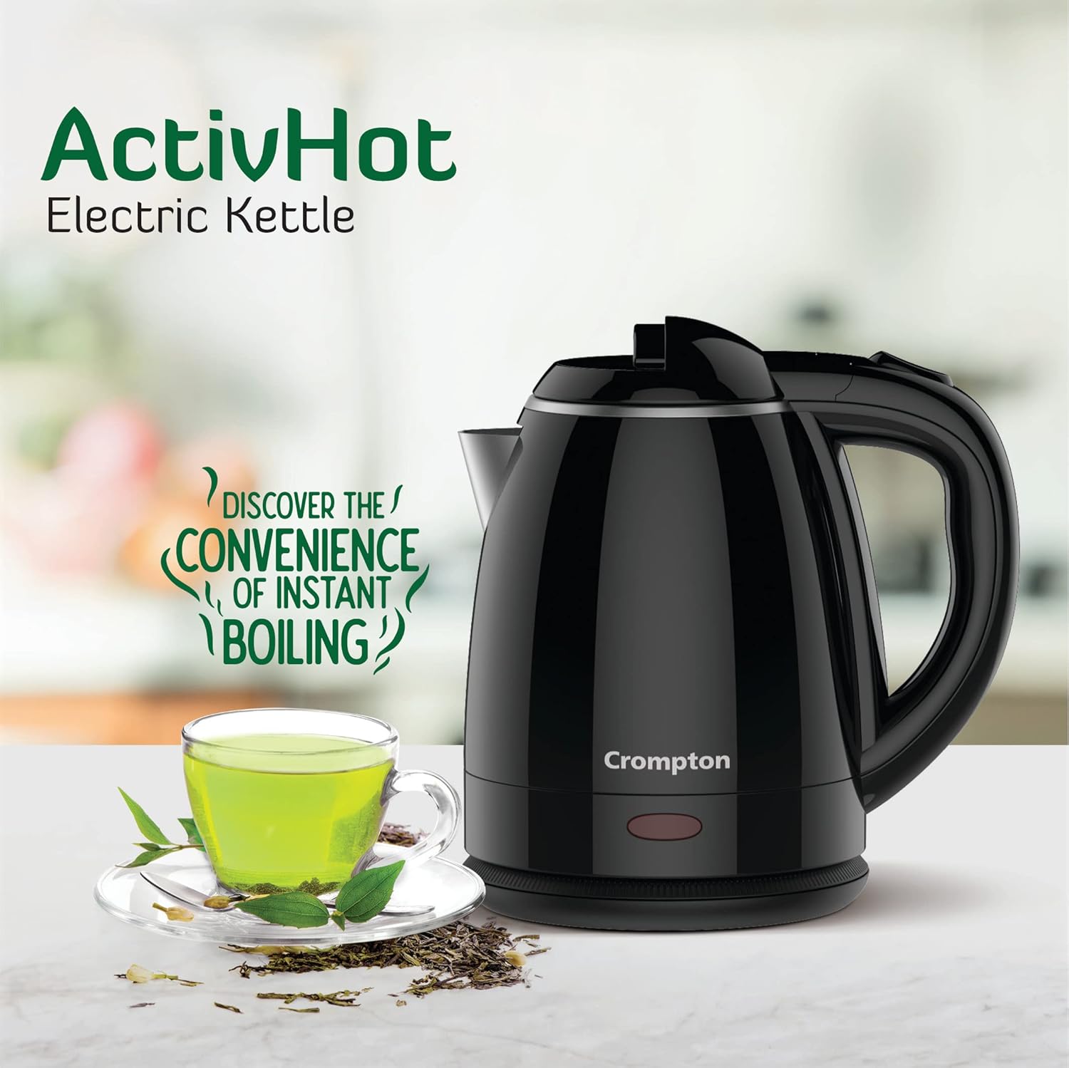 Crompton ActivHot Electric Kettle | 1.2 Litres | Cool Touch | Black Clear LED Operation Indicator - product feature