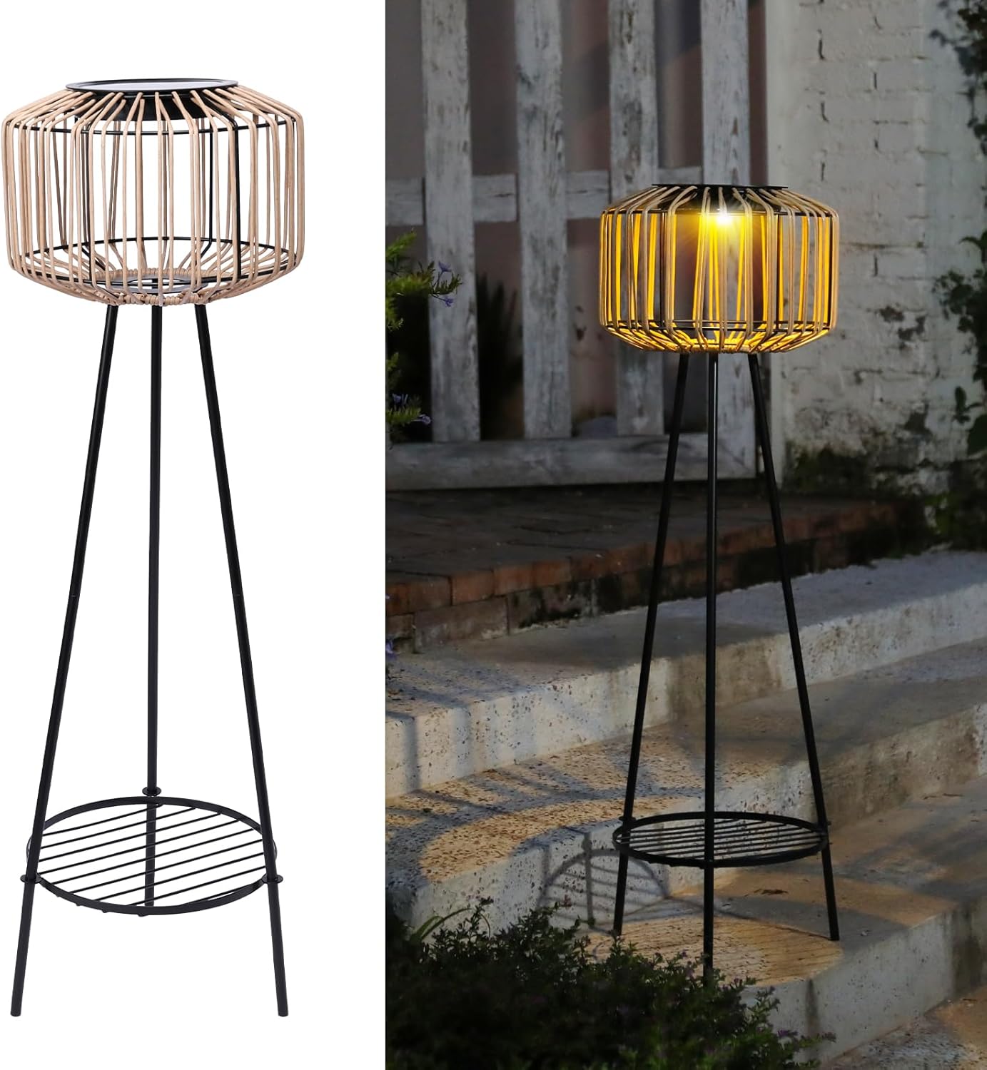 Outdoor Solar Rattan Floor Lamp with Plant Stands, Outdoor Patio Decor Plant Stand for Garden Porch Yard Pathway Driveway Porch
