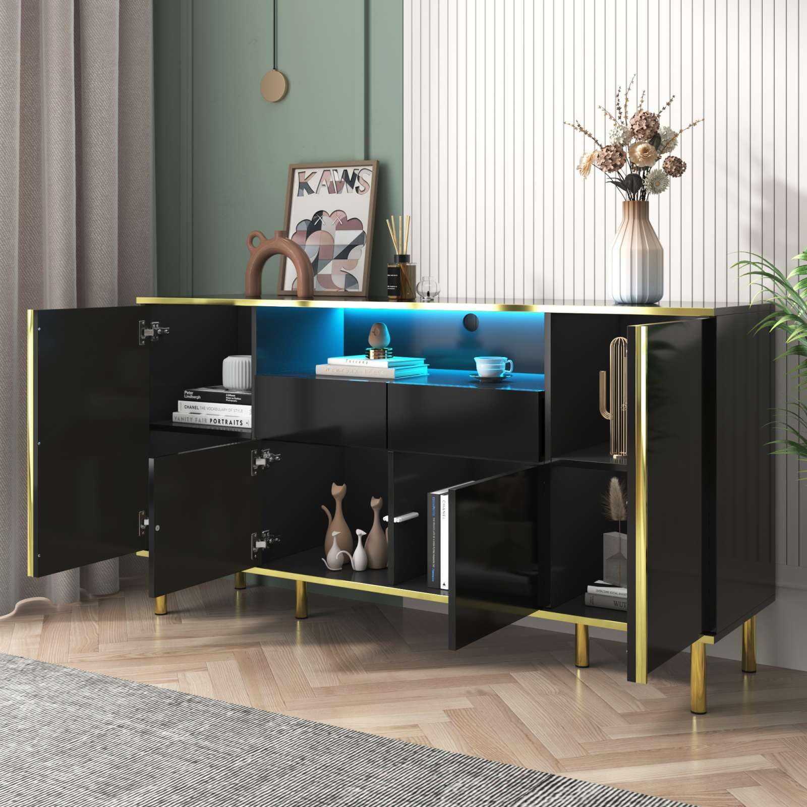 Armoire De Cuisine Avec LED 100x47x187 Cm - 4 Portes, MDF, Compartiment Vitré, Blanc/naturel - 13