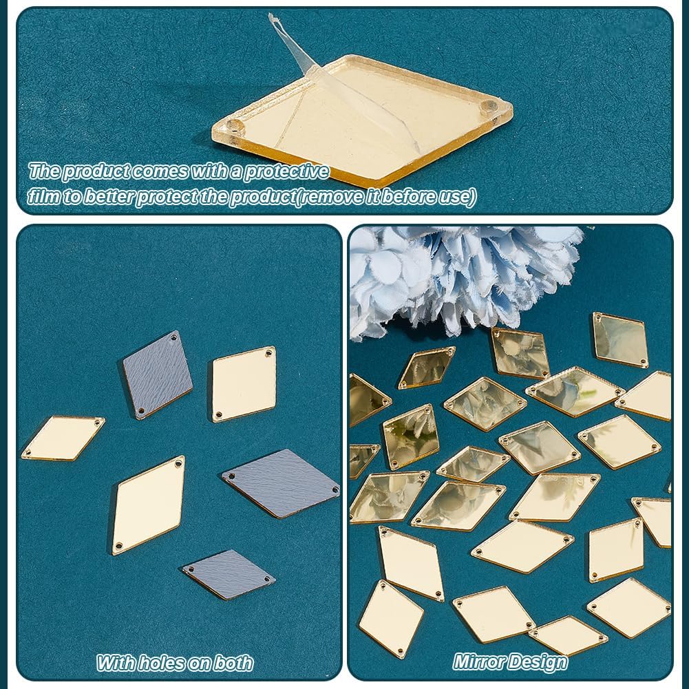 PH PandaHall 300pcs 3 Sizes Sew on Mirrors, Golden Rhombus Acrylic DIY Mirrored Rhinestones Mirror Piece Loose Bead Links with 2 Holes for Costume Dance Party Evening Dress Bags Cloth Garment, 17~23mm