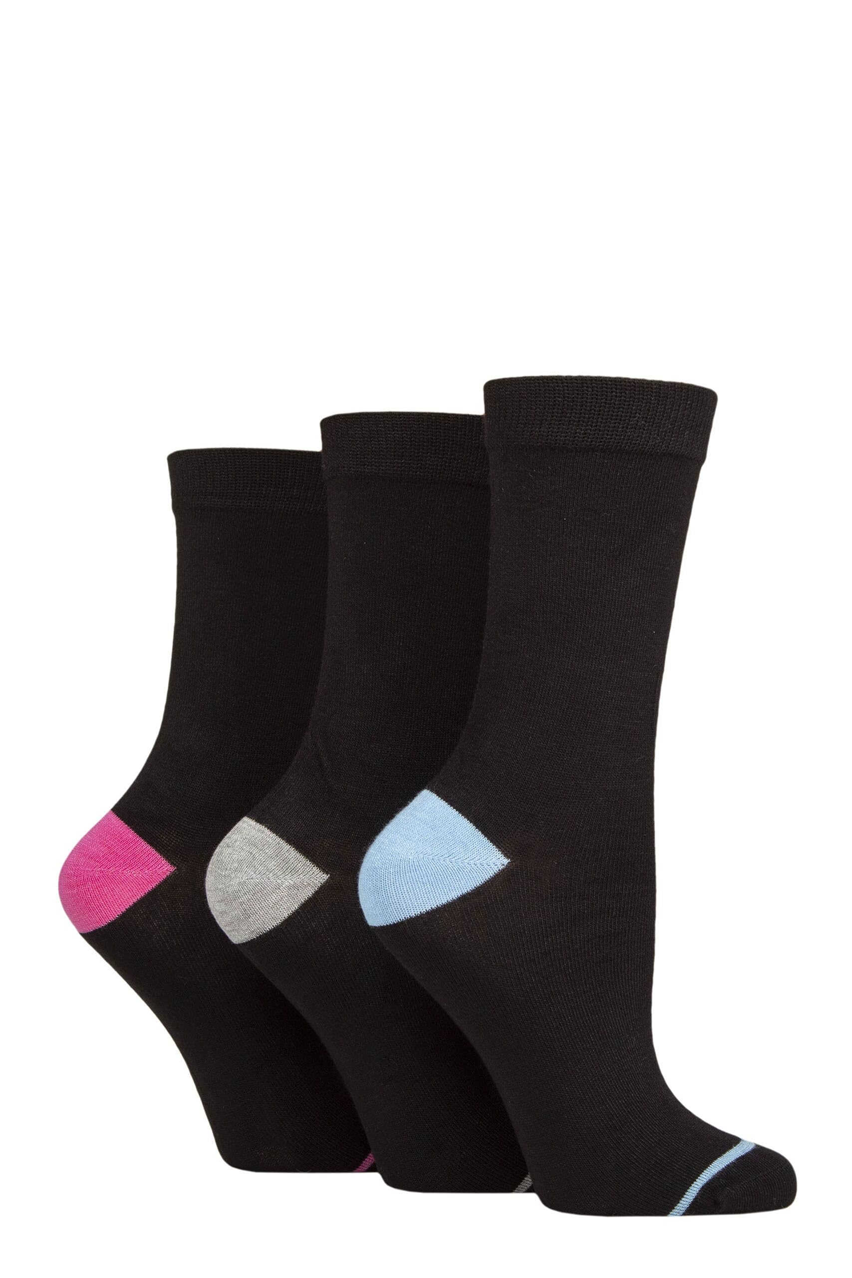 Glenmuir Ladies Contrast Heel and Toe Bamboo Socks Pack of 3 (UK, Numeric, 4, 8, Regular, Regular, Black Blue/Grey/Pink)