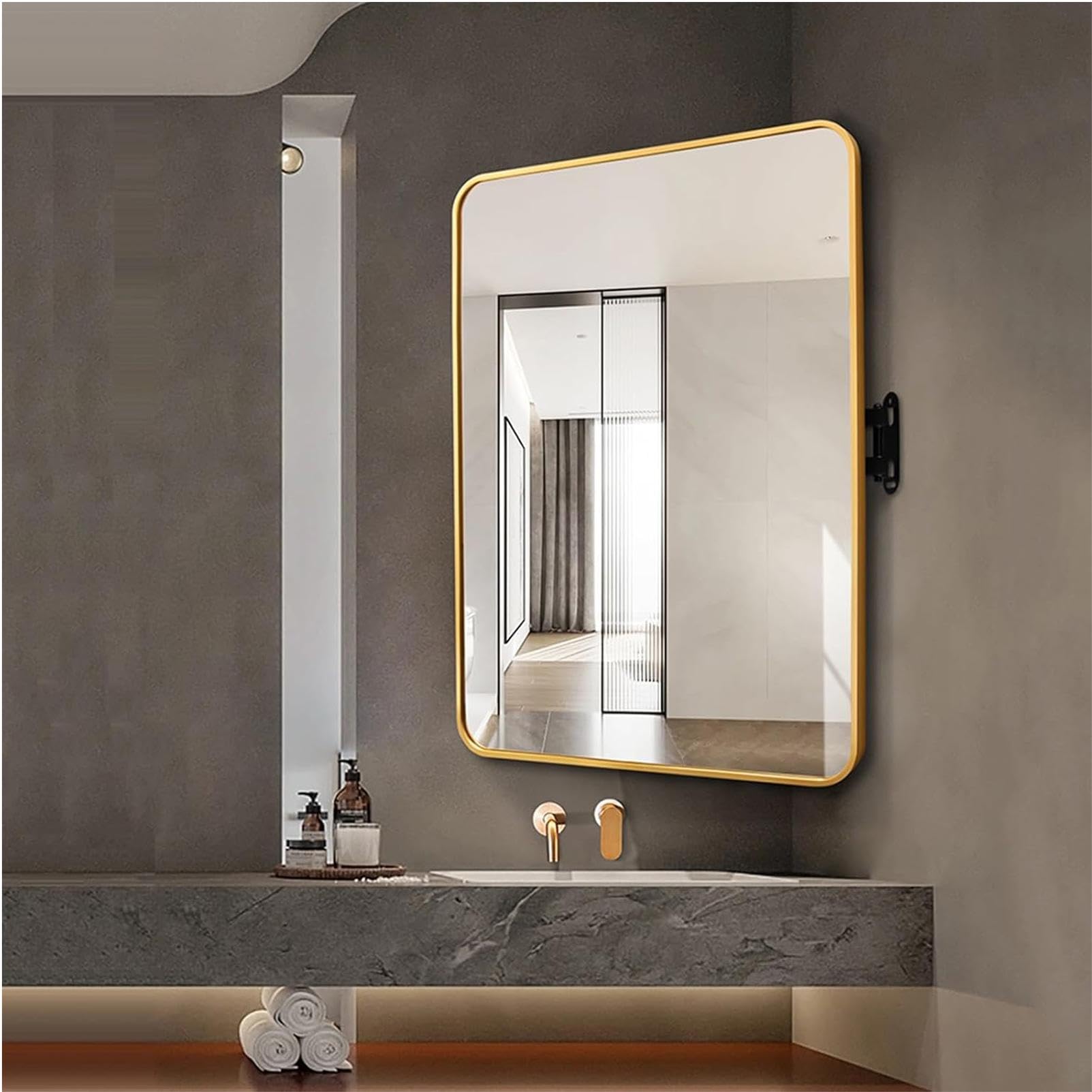 Nikshi Gold Rectangular Bathroom Corner Mirror, Corner Vanity Mirrors, Wall Mount Pivot Mirror With Metal Frame And Swivel Extendable Arm, Vertical & Horizontal,-60 * 80Cm