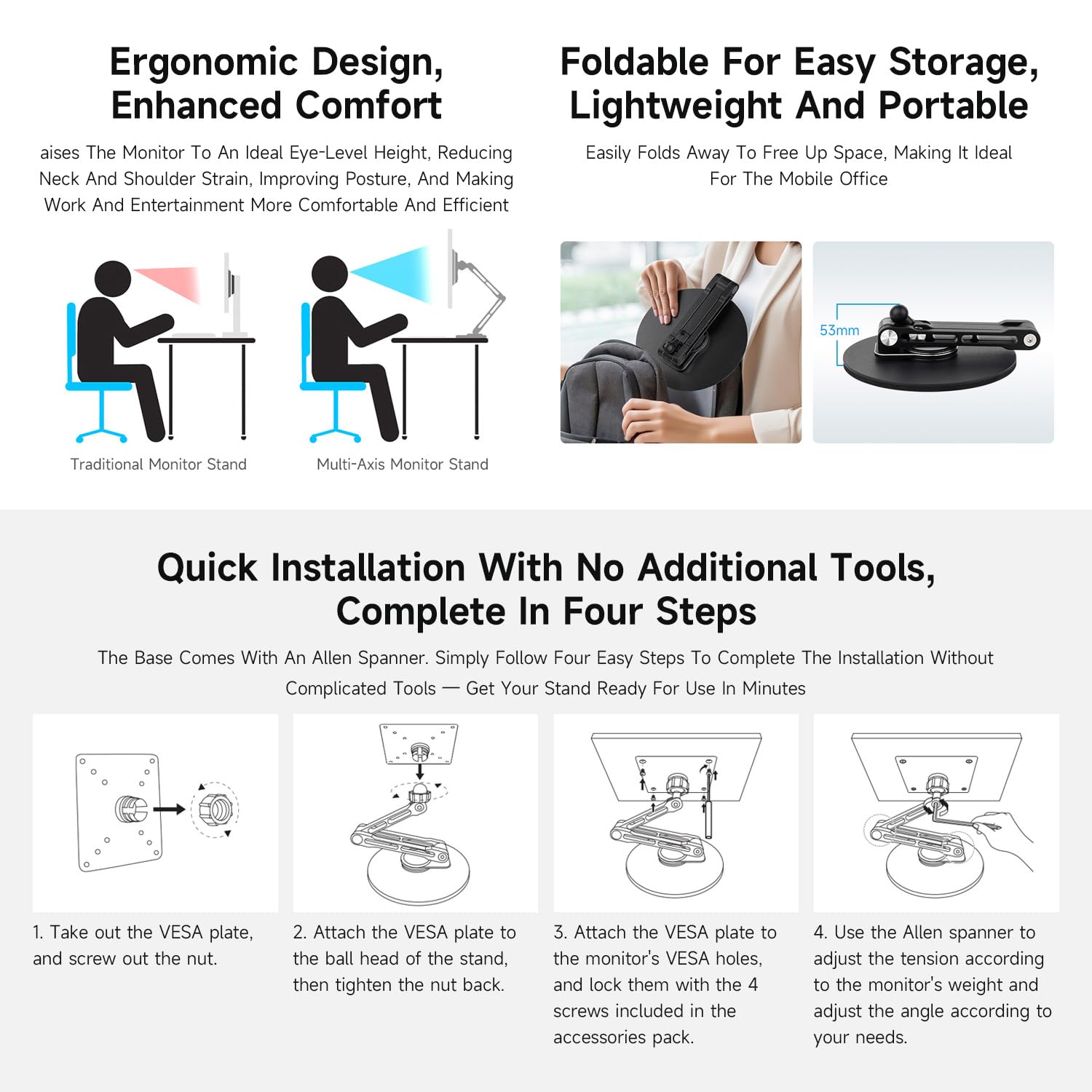Waveshare VESA Portable Monitor Adjustable Stand, Compatible with Monitors Up to 19 Inches, Multi-Axis Rotation, Ergonomic Design with Weighted Base, Foldable for Easy Storage