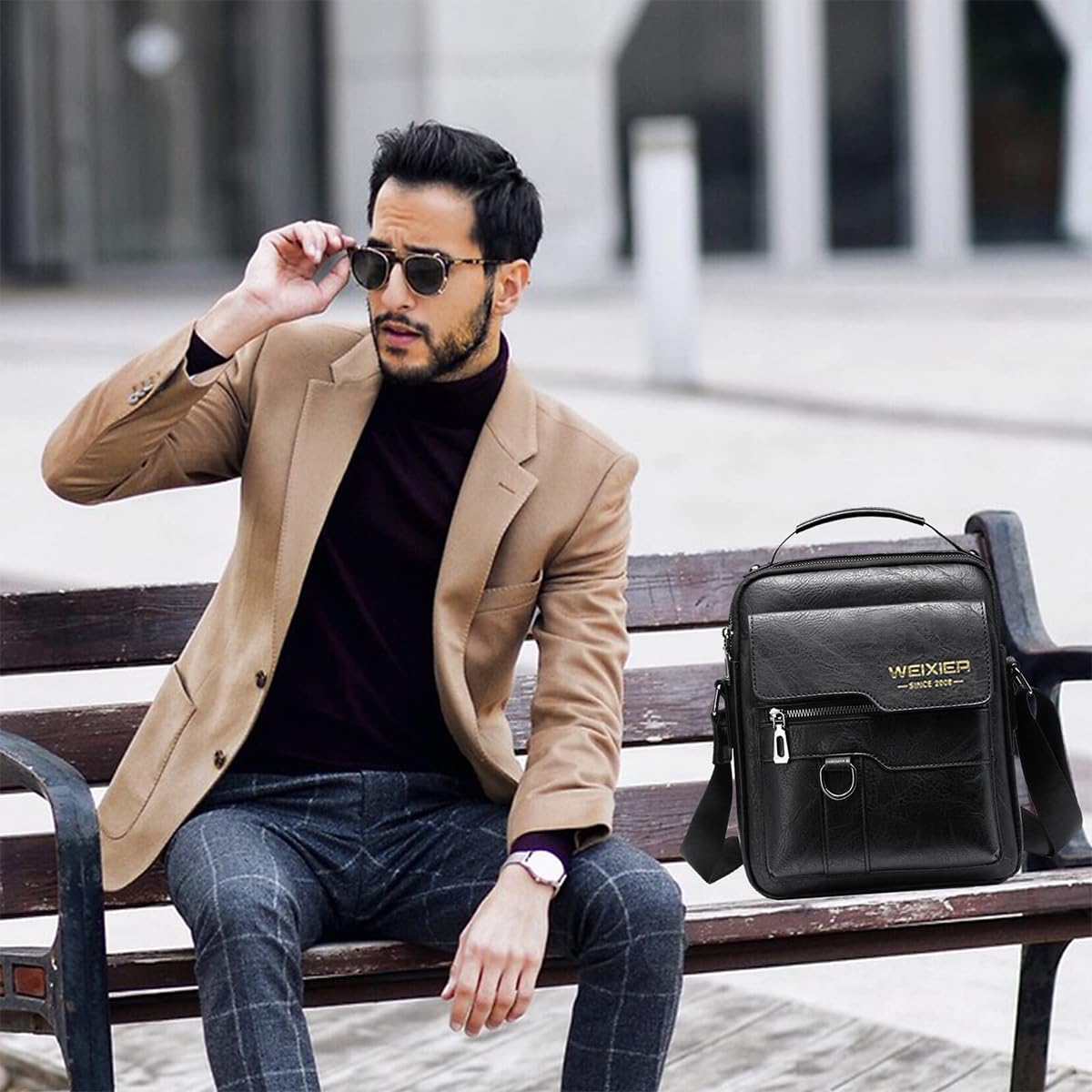 Bandoleras Hombre Cuero Bolso de Bombro Pequeña Mariconera Cruzada Bolso de Negocios Mano Hombre Vintage Bolsas de Trabajo Teléfono Cartera Monedero para Viajes,Compras (Negro Bolso Bandolera Hombre)