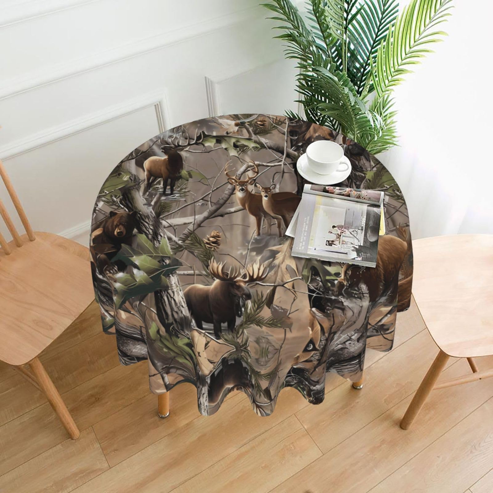 HJFCZH Wildlife Hunting Deer Bear Elk Prints Round Table Throw 60 Inch – High-Grade Polyester Table Cover, Waterproof & Wrinkle-Resistant Decor for Dining Room, Coffee Table, Parties