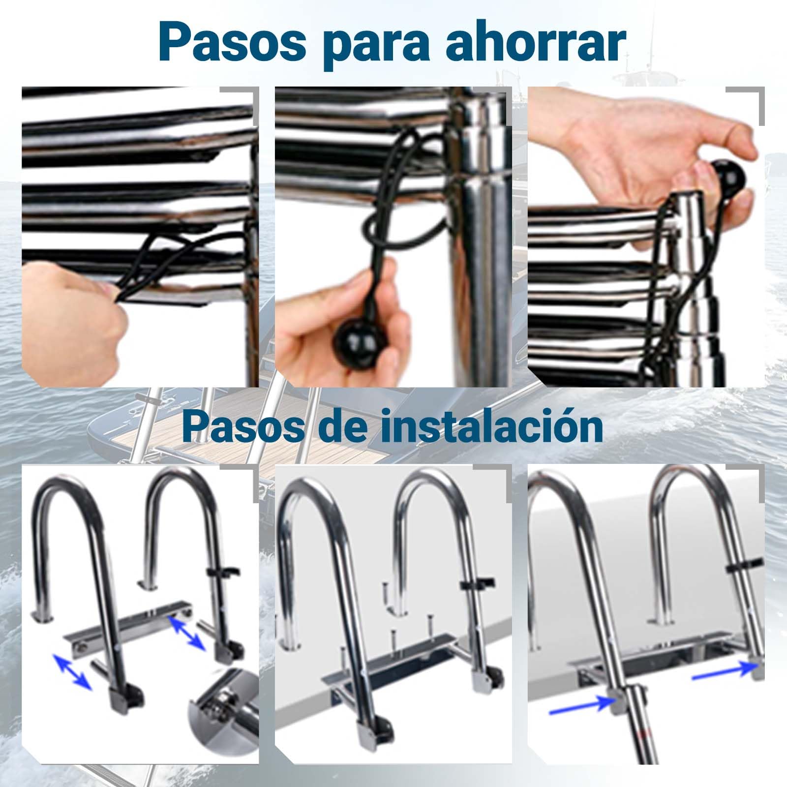 Escalera Piscina Escalera, de 3 escalones, con Acabado Pulido, Diseño Plegable, Pedales Anchos Antideslizantes, Asas Arqueadas para Barcos, Yates, Muelles.