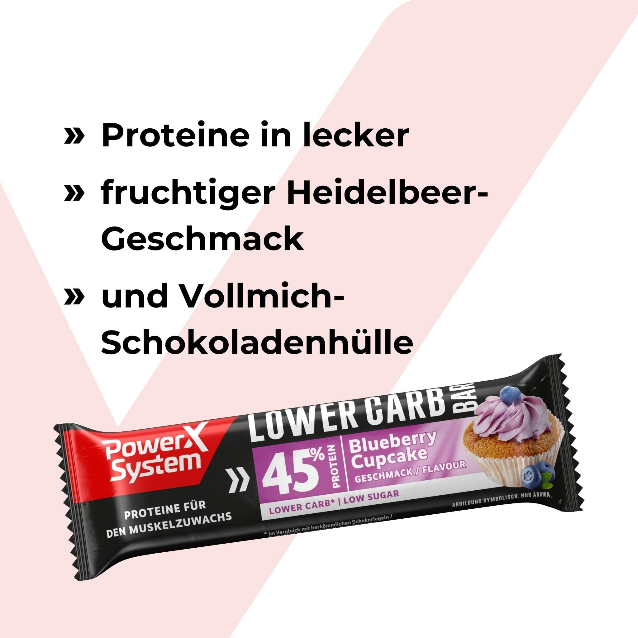 Power System Lower Carb Bar Blueberry Cupcake, 44% Protein, 28 x 40 g | Eiweißriegel mit 18 g Protein und nur 0,9 g Zucker pro Riegel, Heidelbeer-Cupcake-Geschmack mit Vollmilchschokolade