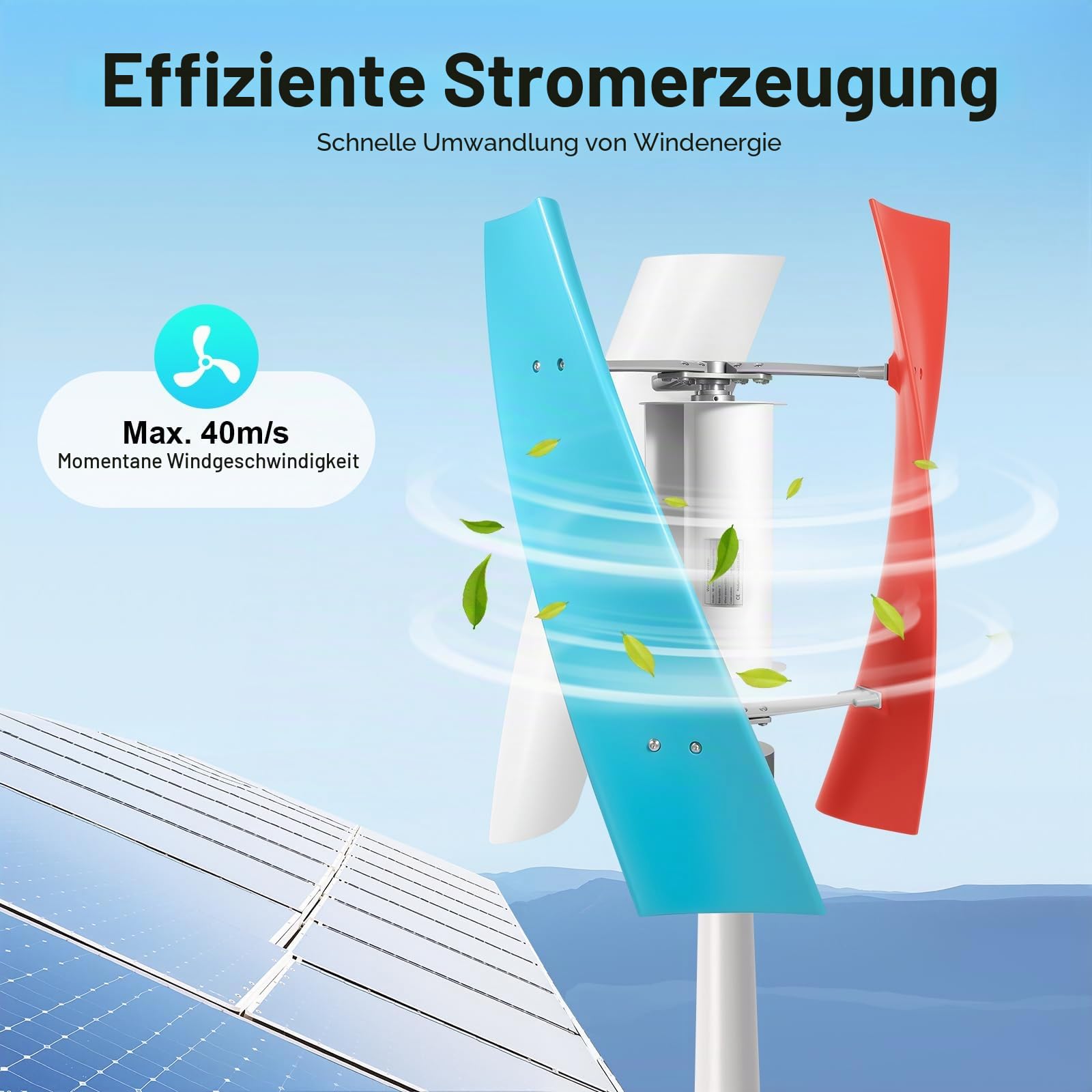 OUKANING Windkraftanlage Vertical Axis 12V Windrad mit 3 Farbigen Rotorblättern, Leise und Vibrationsarm, Niedrige Startwindgeschwindigkeit 1.3m/s, IP67 Schutz für Garten, Boot, Wohnmobil