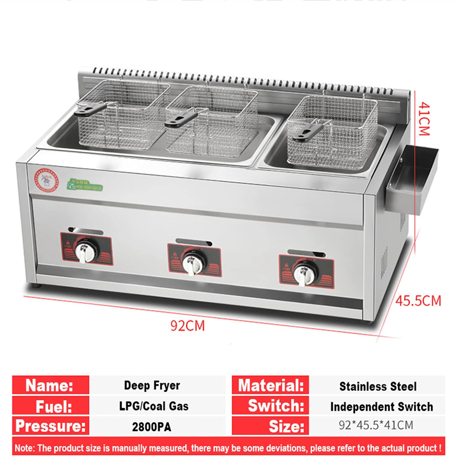 Friggitrice Commerciale, friggitrice a Gas di Grande capacità da 11L/22L/33L, Potenza di Fuoco Regolabile, con cestelli e Coperchio Rimovibili, friggitrice a Gas Realizzata,