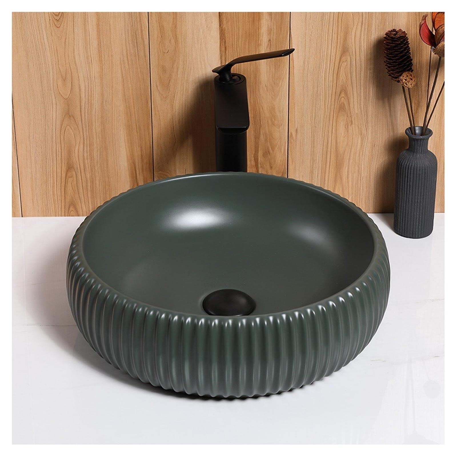 Teesong B Athroom Sink Countertop Athroom Vessel Sink ​Basin Porcelain Round Shape Dark Green Ceramic Owl 15.7X5.1 Inch Counter Asin