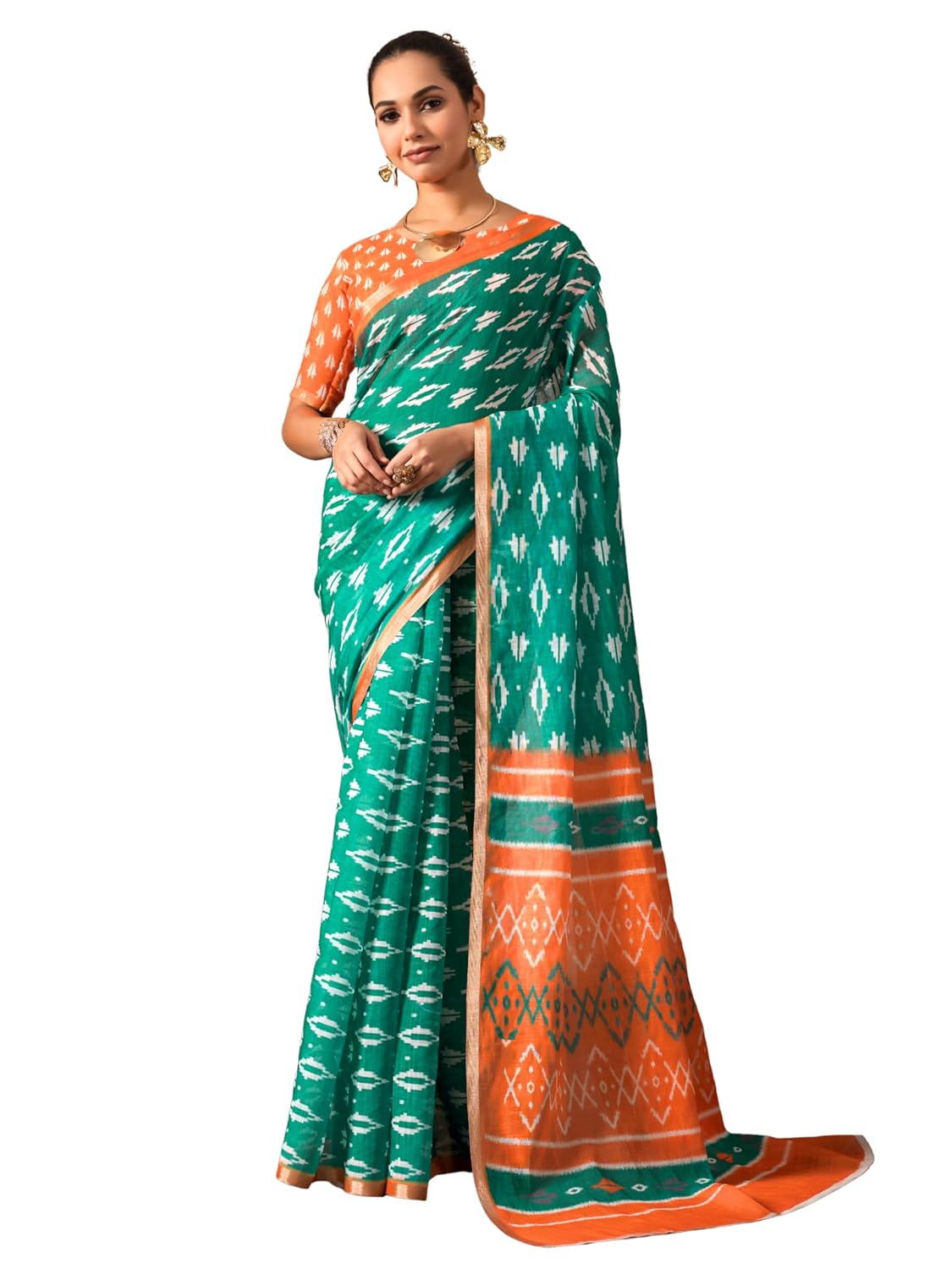 MAFAZ STORE Linen Digital Print Saree for Women with Zari Border, Soft Lightweight Chex Design Casual Saree with Unstitche...