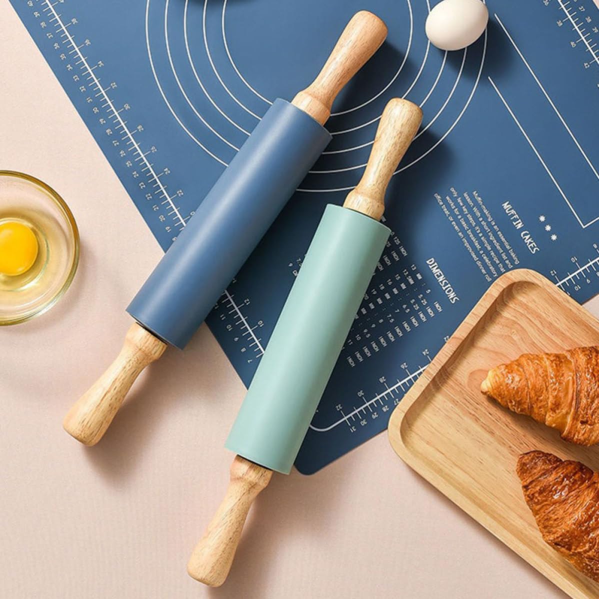 Artibetter Tapete de Silicona para Amasar Pan Antideslizante Rodillo de Madera, Estera de Masa Reutilizable para Pizza y Repostería, Superficie Lisa Azul
