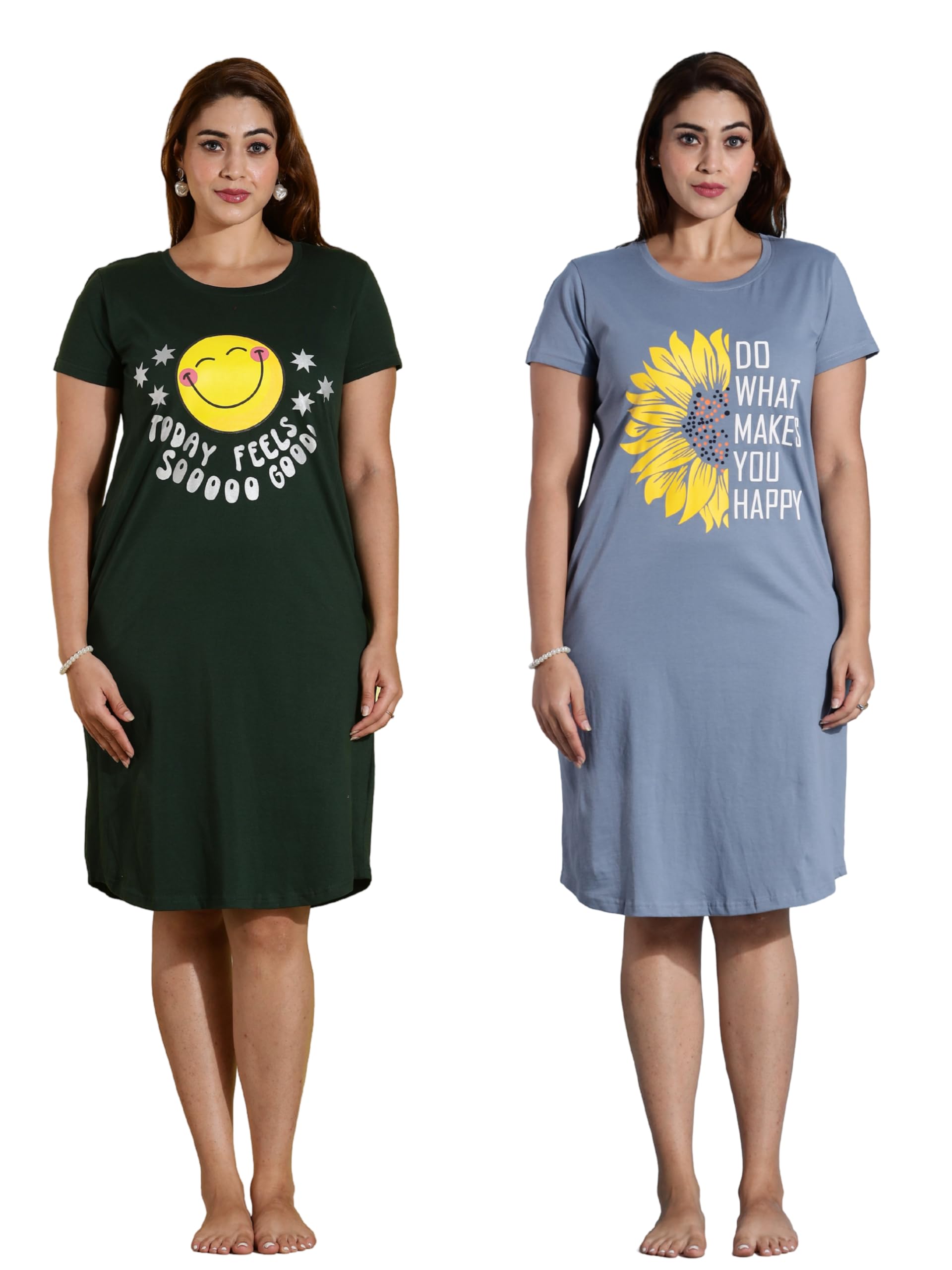 Plus Size Knee Length Premium Hosiery Cotton Night Dress | Short Nighty for Womens with Pocket | Graphic Print Night wear | Womens Short Dress Combo Pack of 2 (M-7XL)-image-27