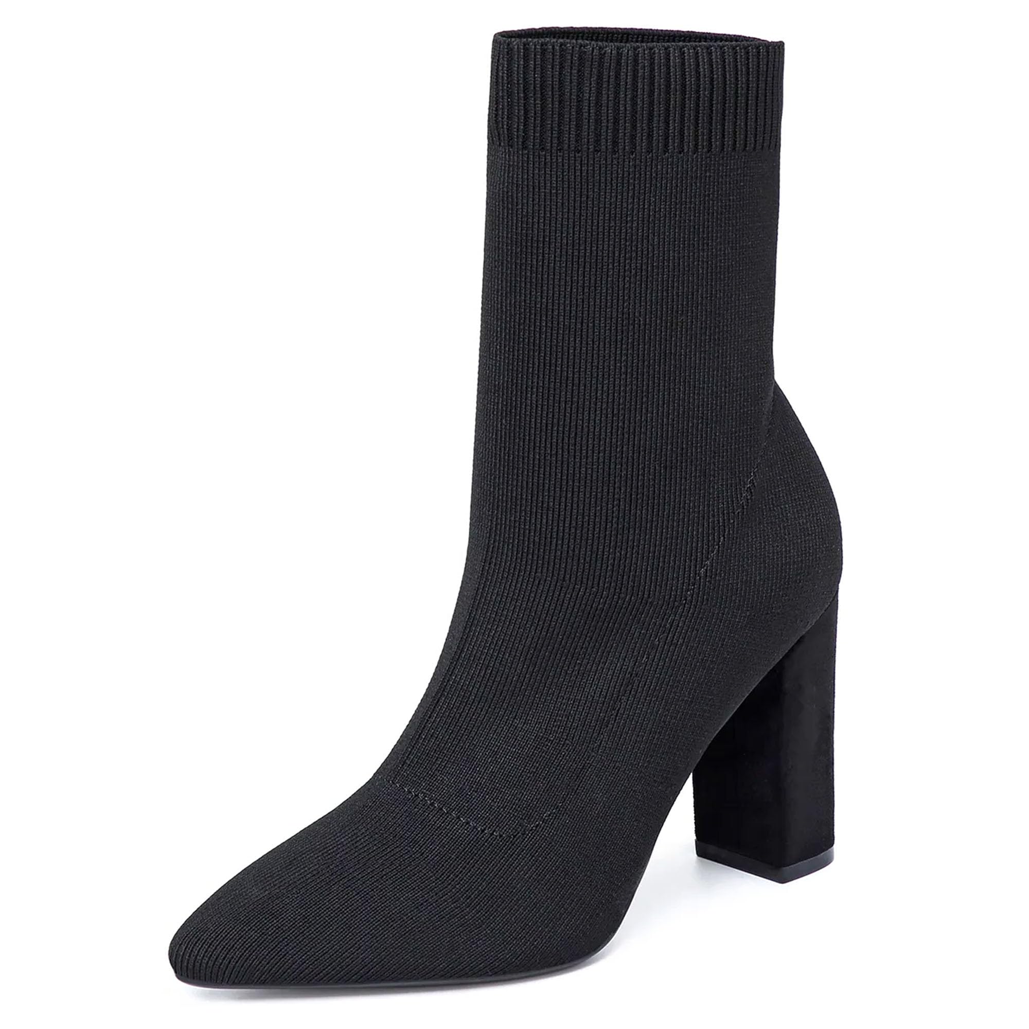 NEWBELLA Womens Pointed Toe Ankle Boots - Minimalist Chunky Heel Sock Booties Stretch Knit Slim Fit Casual Boots