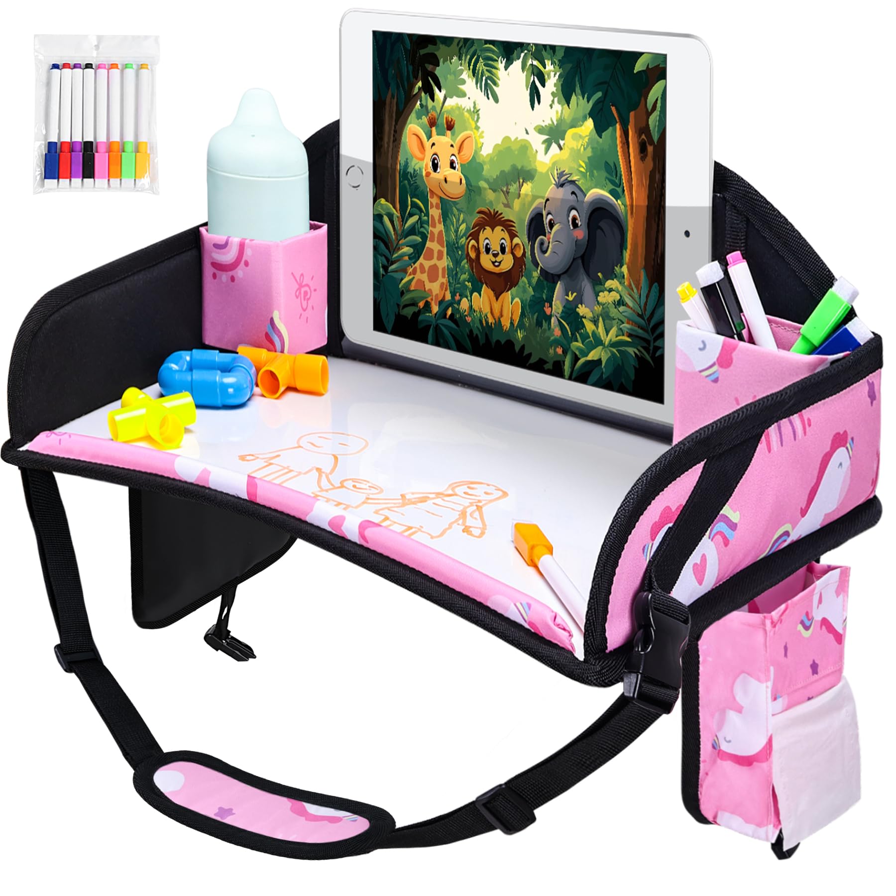 Kids Travel Tray, Toddler Road Trip Essentials With Drawing Kit | Toddler Lap Desk Organizer for Car, Carseat Table for Airplane